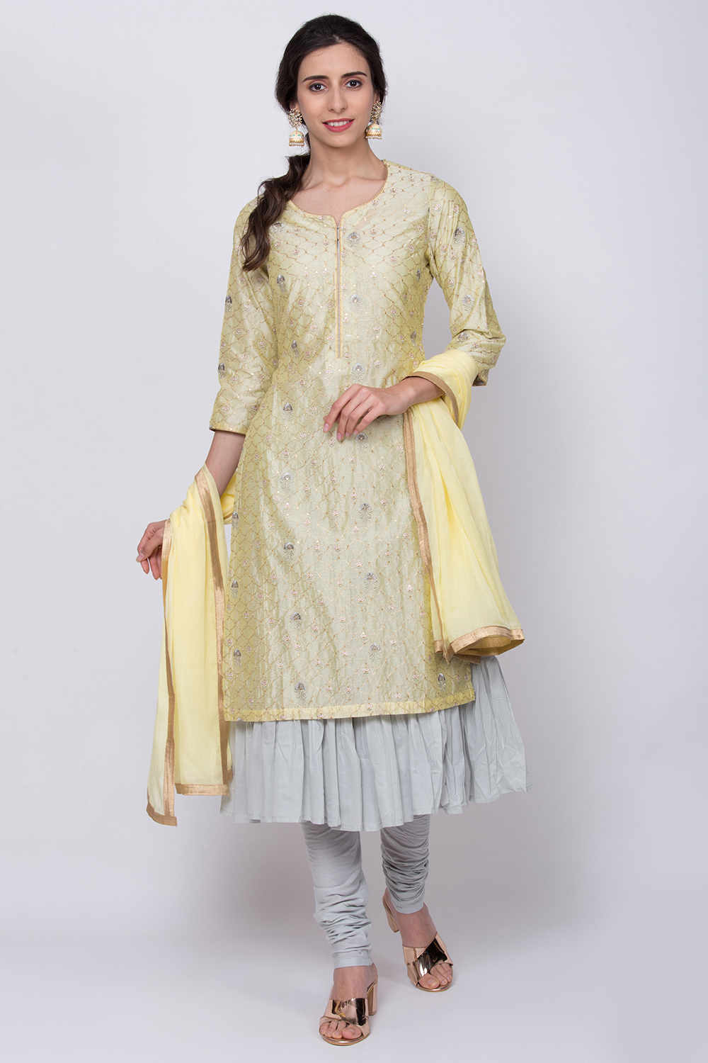 Lemon Yellow Double Layered Kurta Churidar Suit Set image number 0