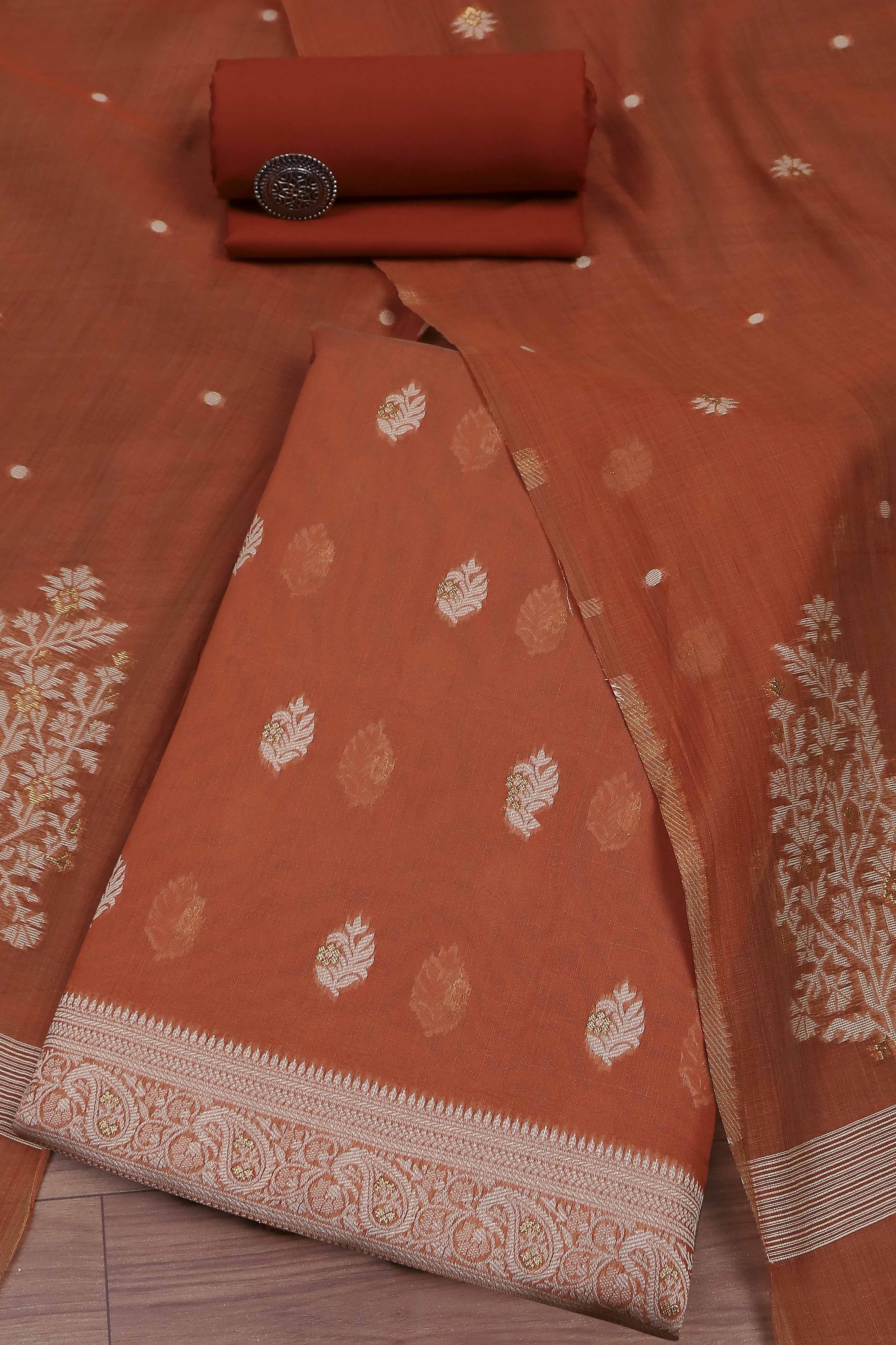 Pink Cotton Jamdani Unstitched Suit Set image number 0