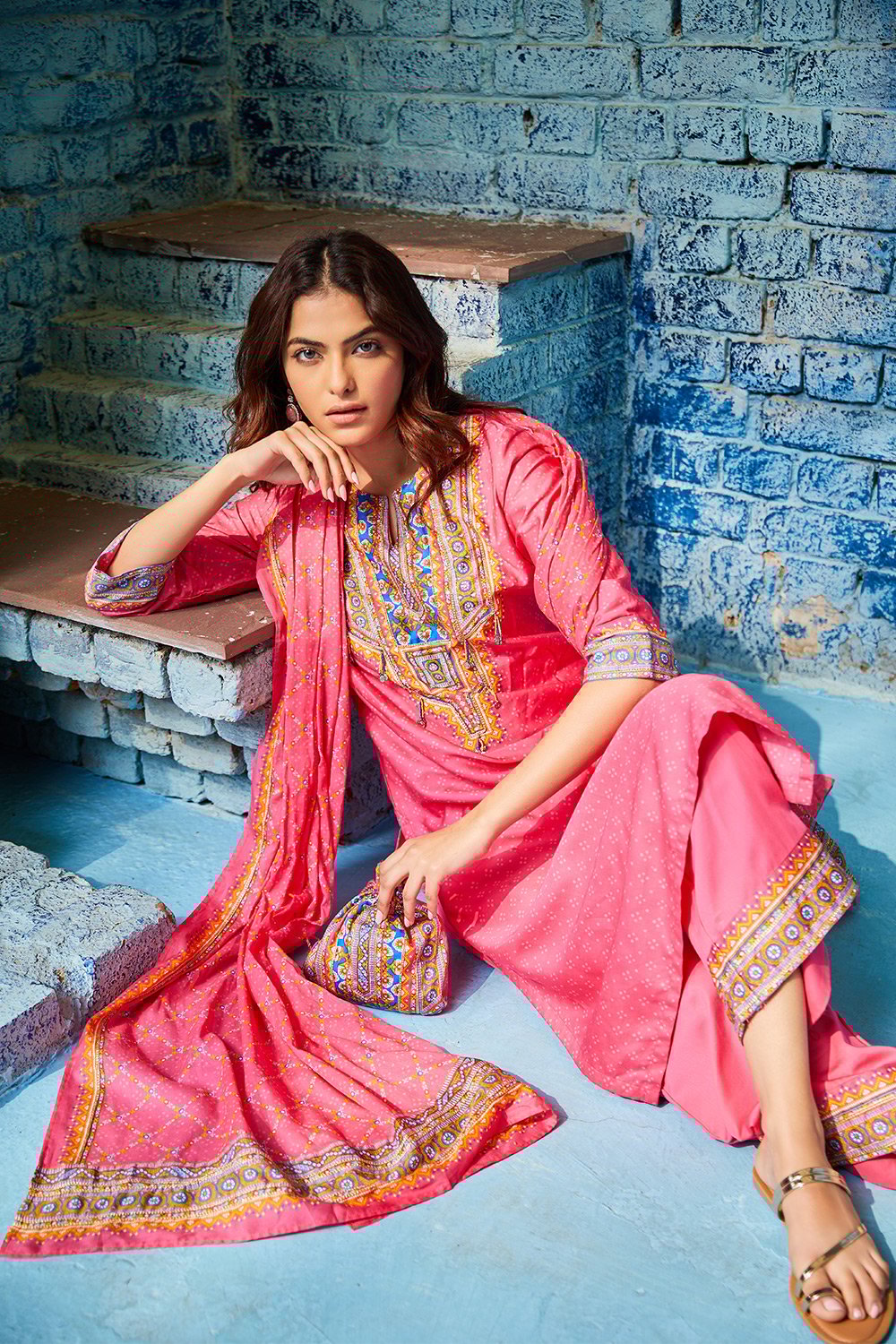 Fuschia Cotton Straight Suit Set image number 7
