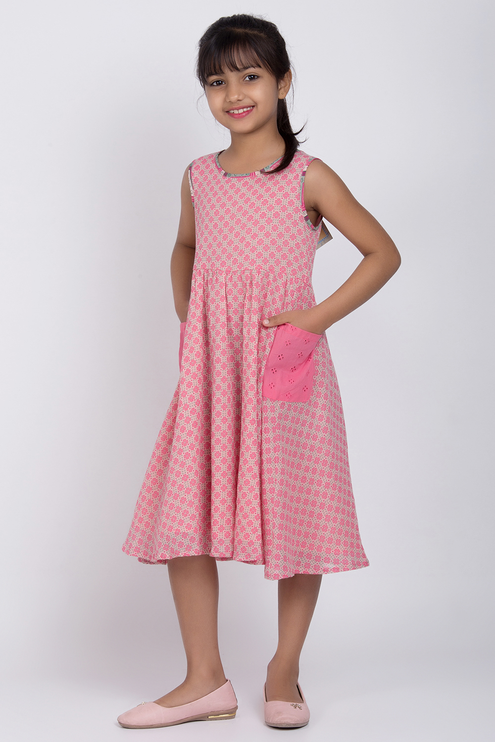 Pink Cotton Flared Printed Dress image number 0