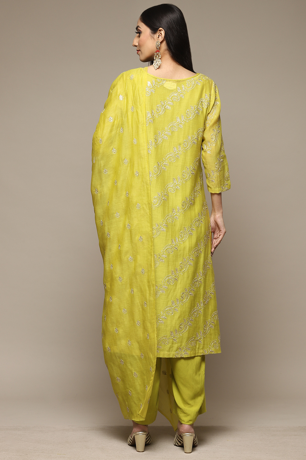 Florescent Green Cotton Blend Layered Kurta Palazzo Suit Set image number 4