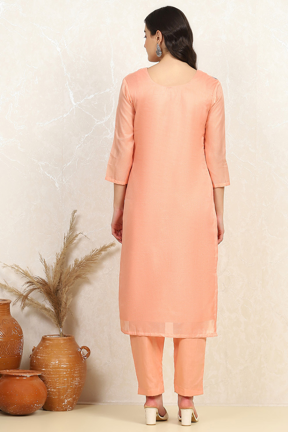 Peach Cotton Machine Embroidered Unstitched Suit Set image number 5