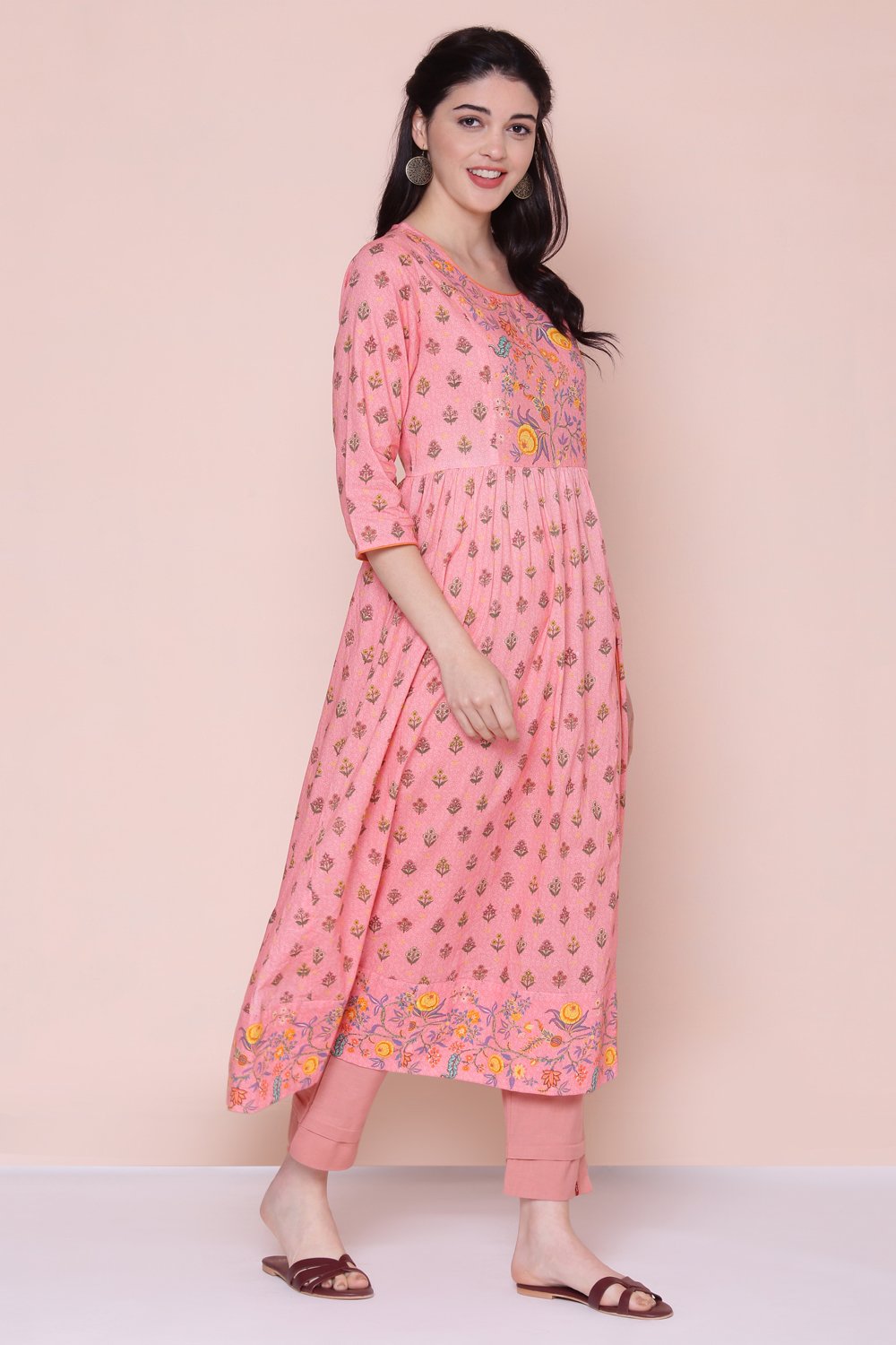 Pink Cotton High Slit Printed Kurta image number 3