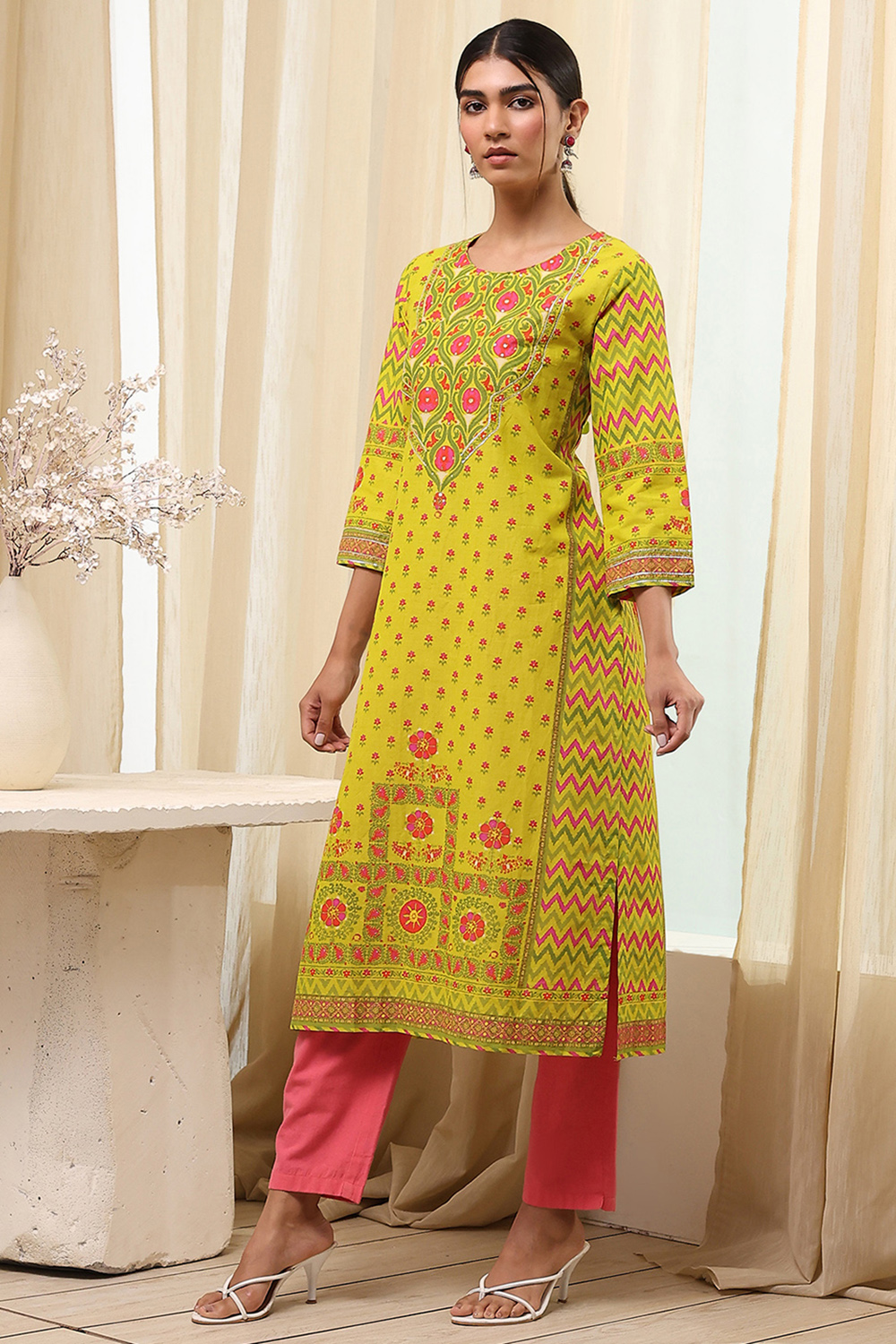 Green Cotton Straight Printed Kurta image number 2