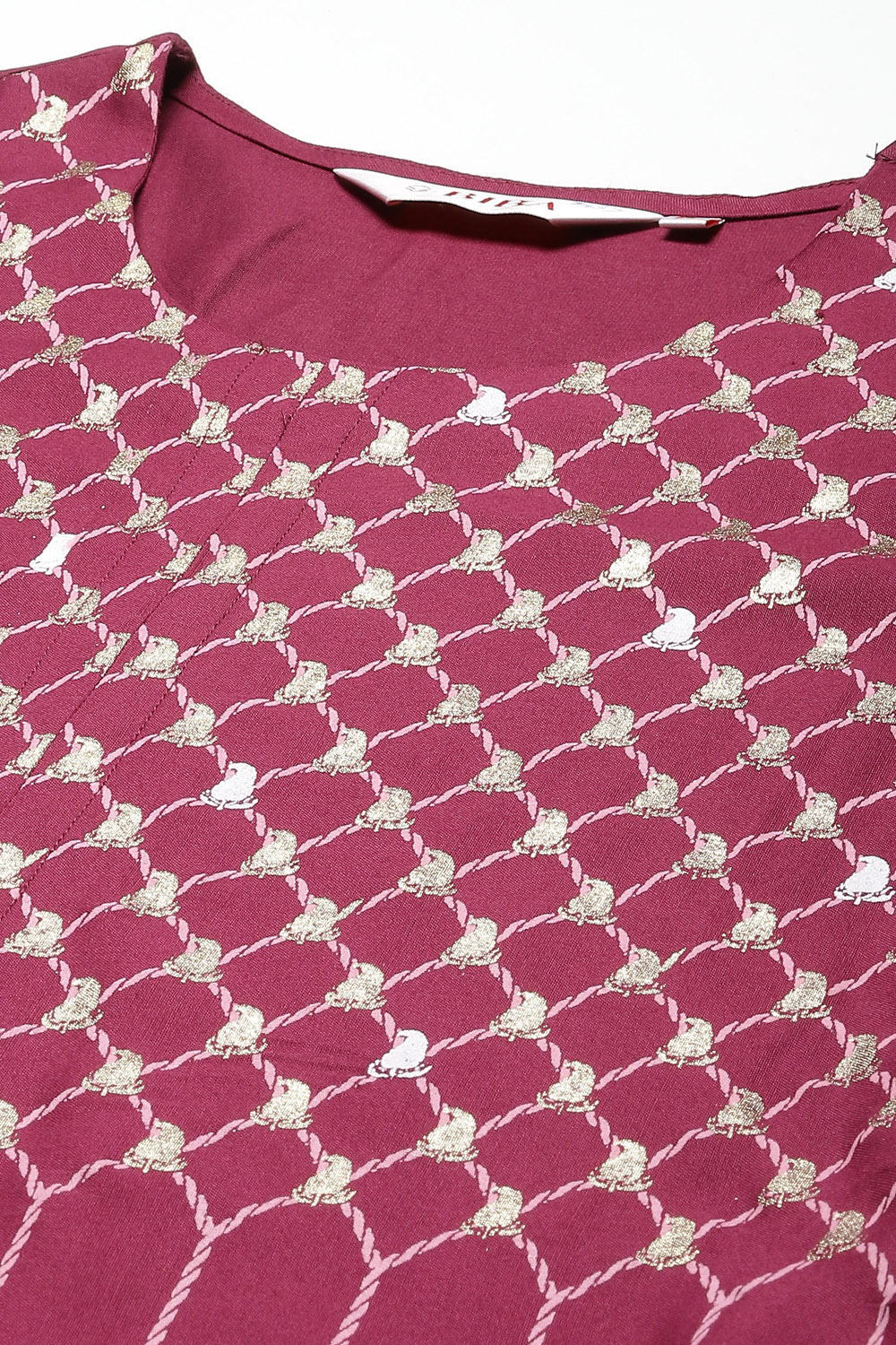 Plum Printed Rayon Straight Kurta Regular Pant Suit Set image number 1