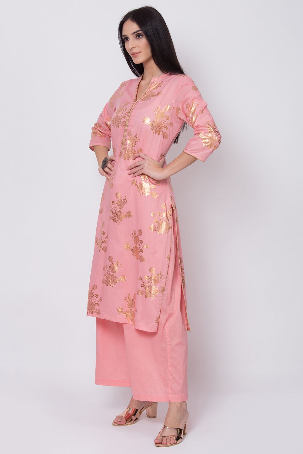 Peach Cotton Straight Kurta Palazzo Suit Set image number 3