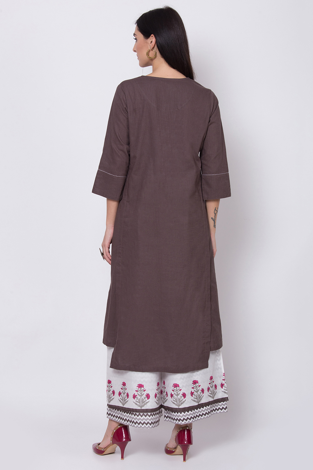 Charcoal Cotton A-Line Kurta Palazzo Suit Set image number 5