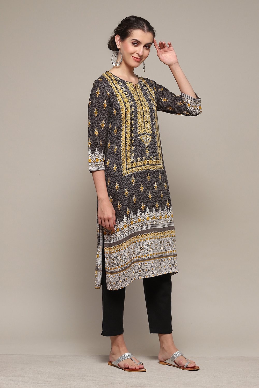 Charcoal LIVA Straight Printed Kurta image number 3