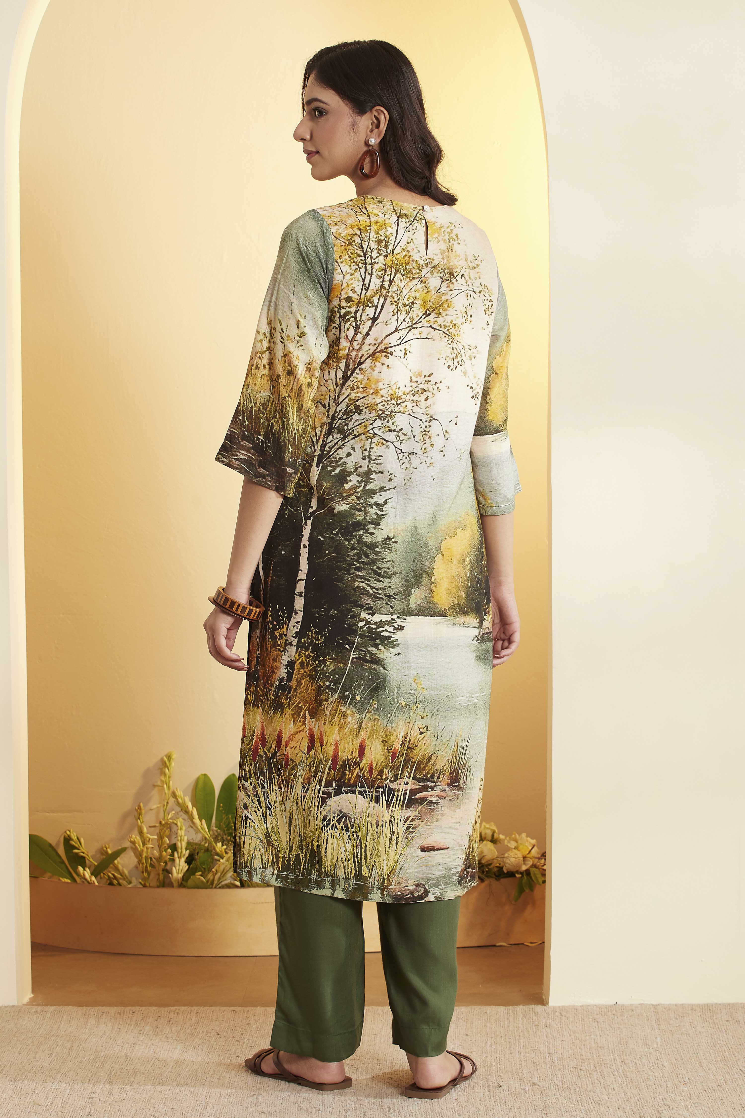 Beige Rayon Slub Straight Kurta Pants Set image number 5