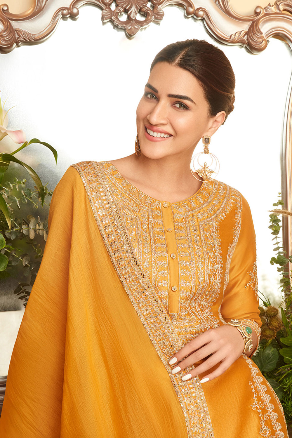 Ochre Yellow Cotton Silk Straight Suit Set image number 1
