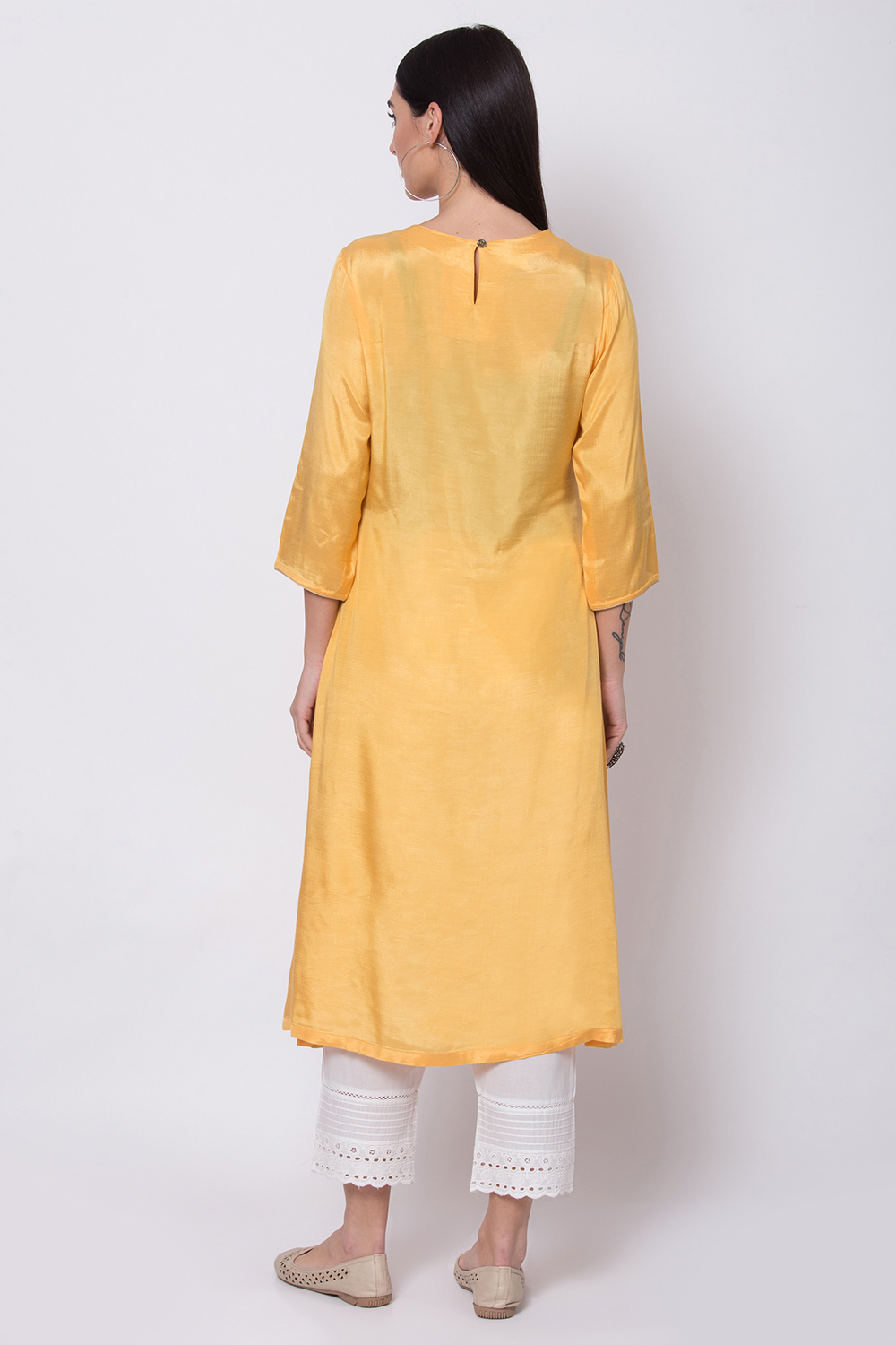 Yellow Viscose A-Line Printed Kurta image number 4