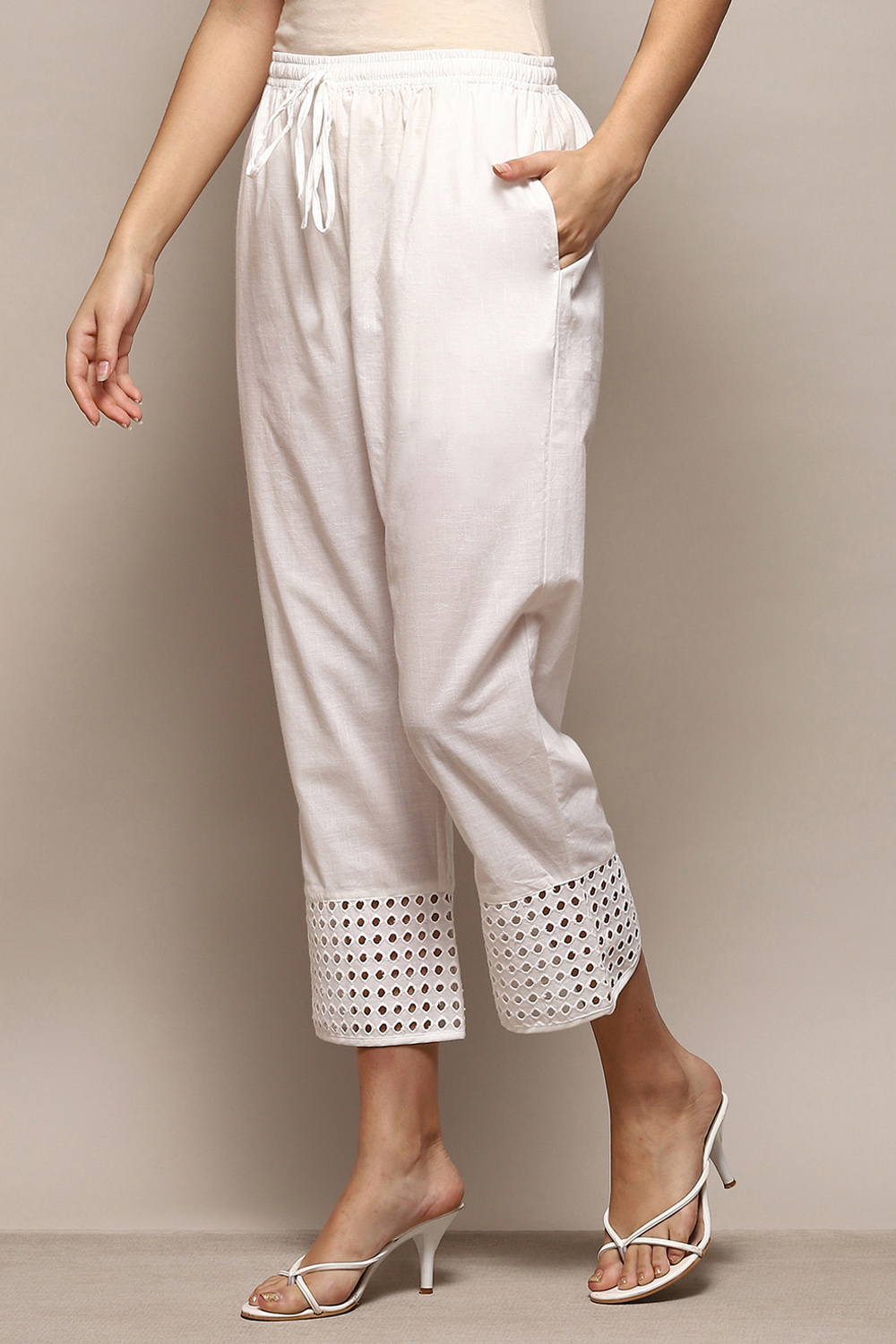 White Cotton Regular Solid Pants image number 2