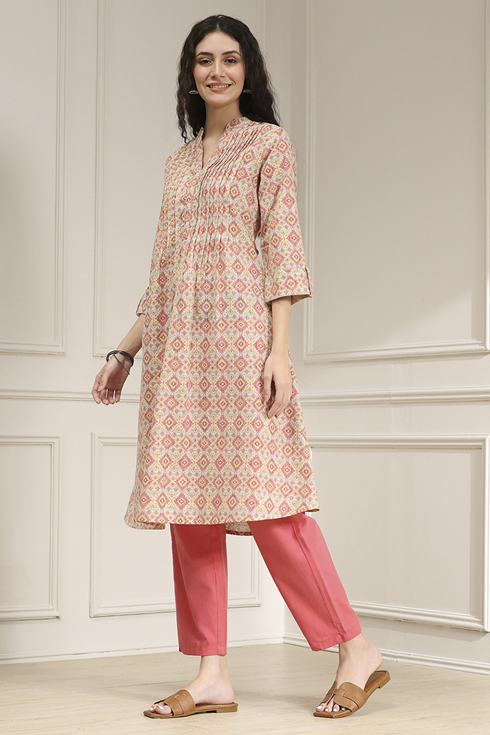 Blue Cotton Printed A-Line Kurta image number 2