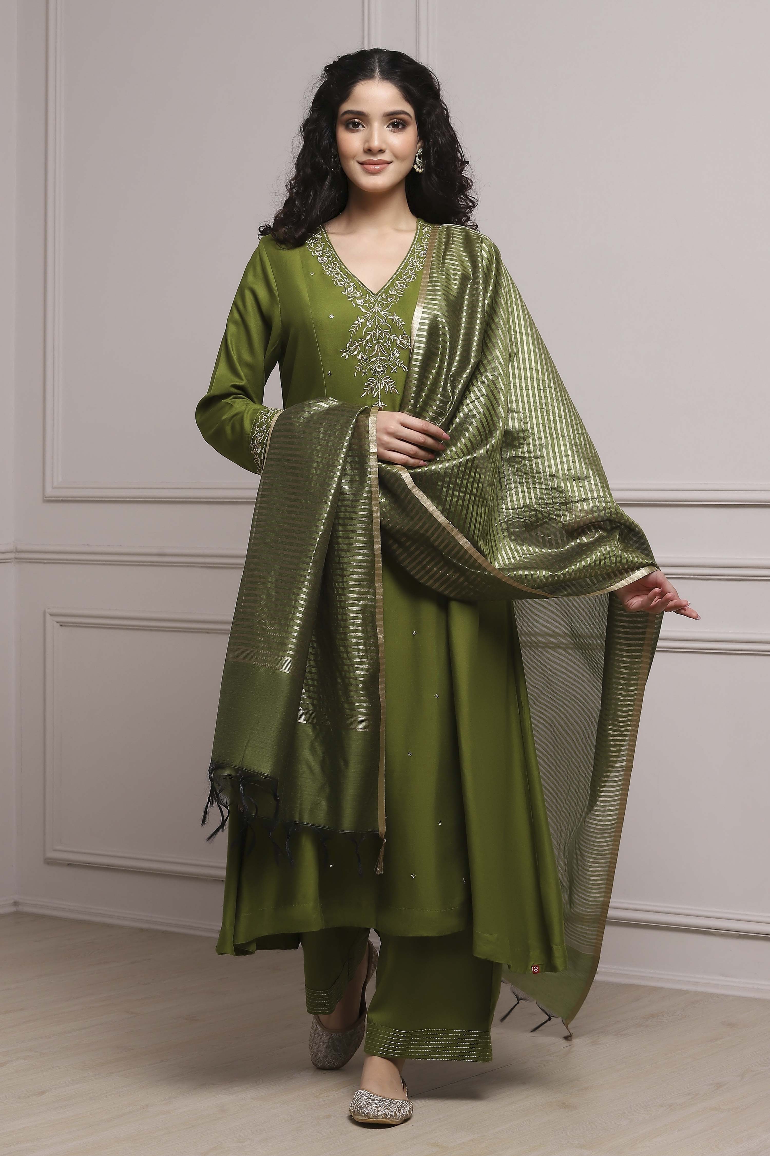 Green Viscose Rayon Straight Embroidered Suit Set image number 0