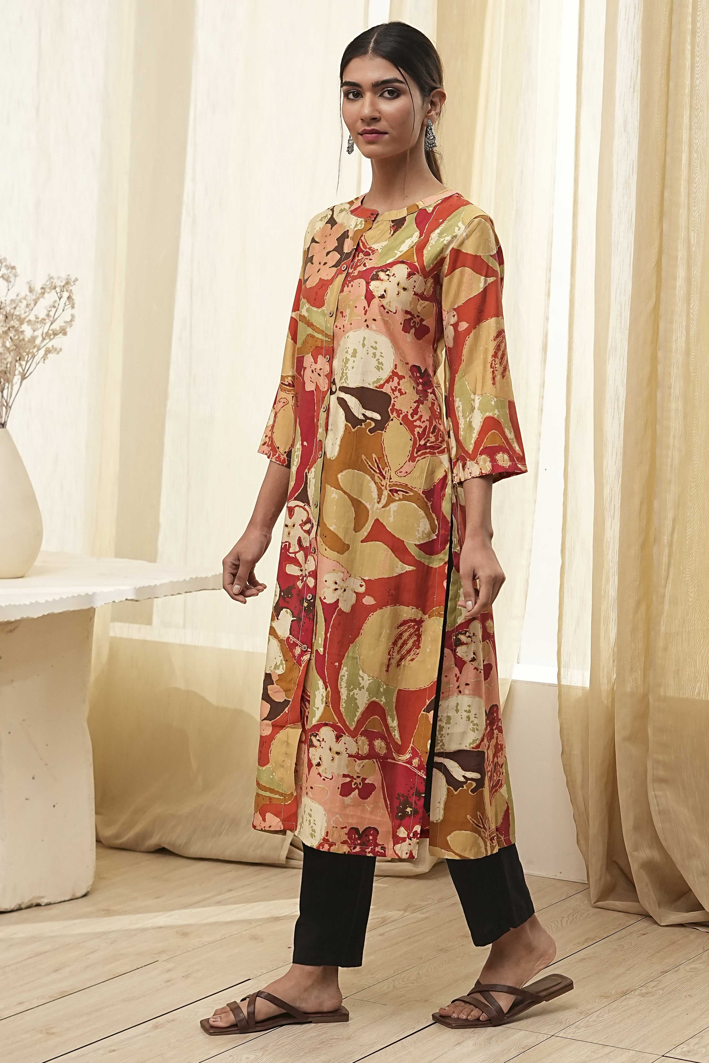 Rust Printed Straight Kurta image number 2