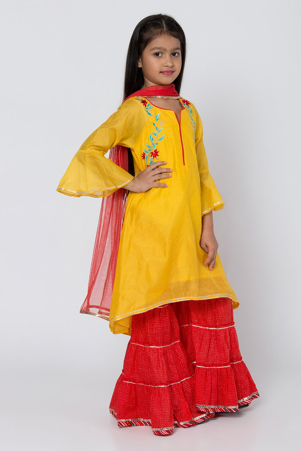 Red And Yellow Poly Cotton Asymmetric Kurta Sharara Suit Set image number 3