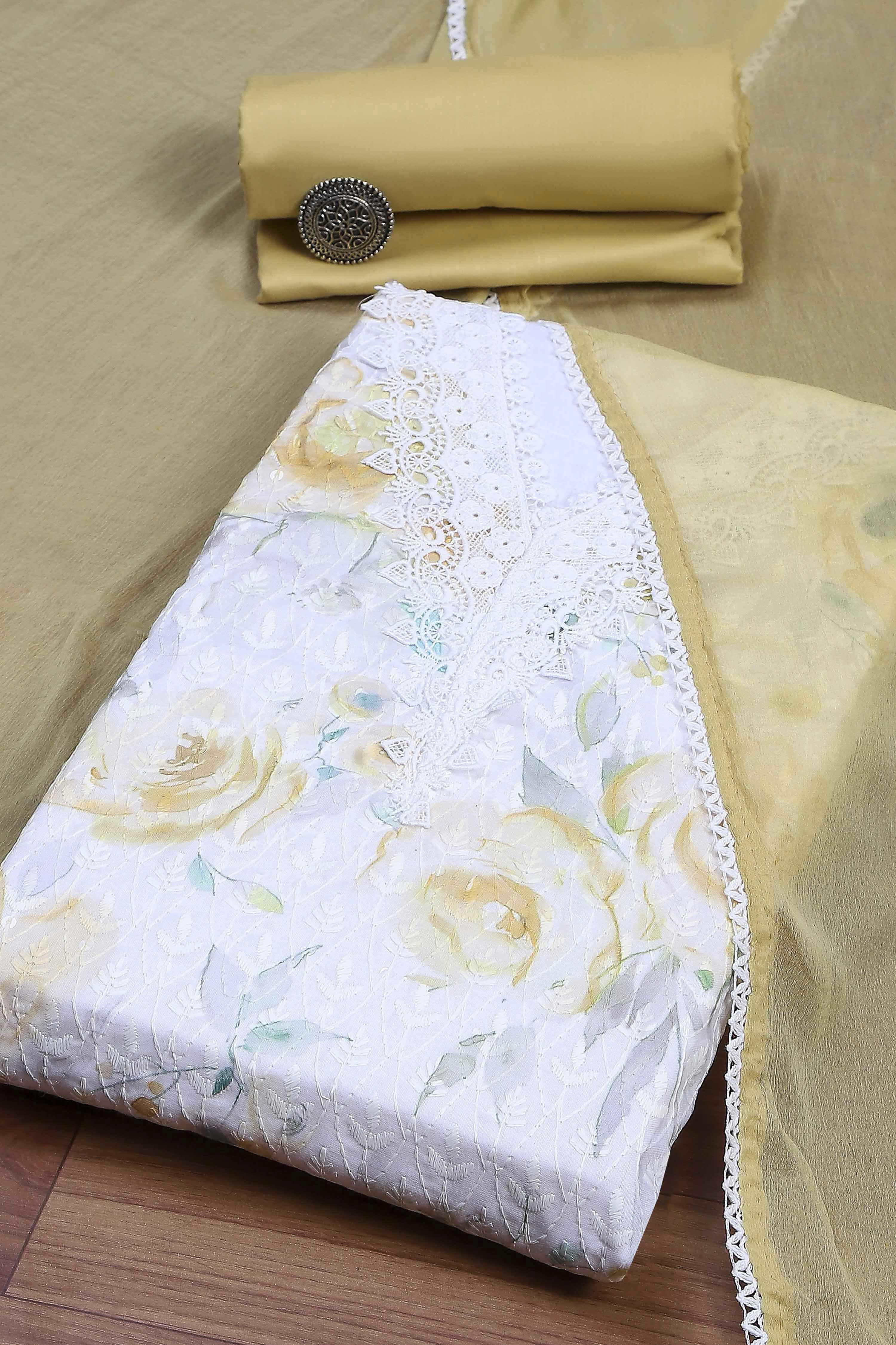 Ochre Cotton Rajasthani Print Unstitched Suit Set image number 0