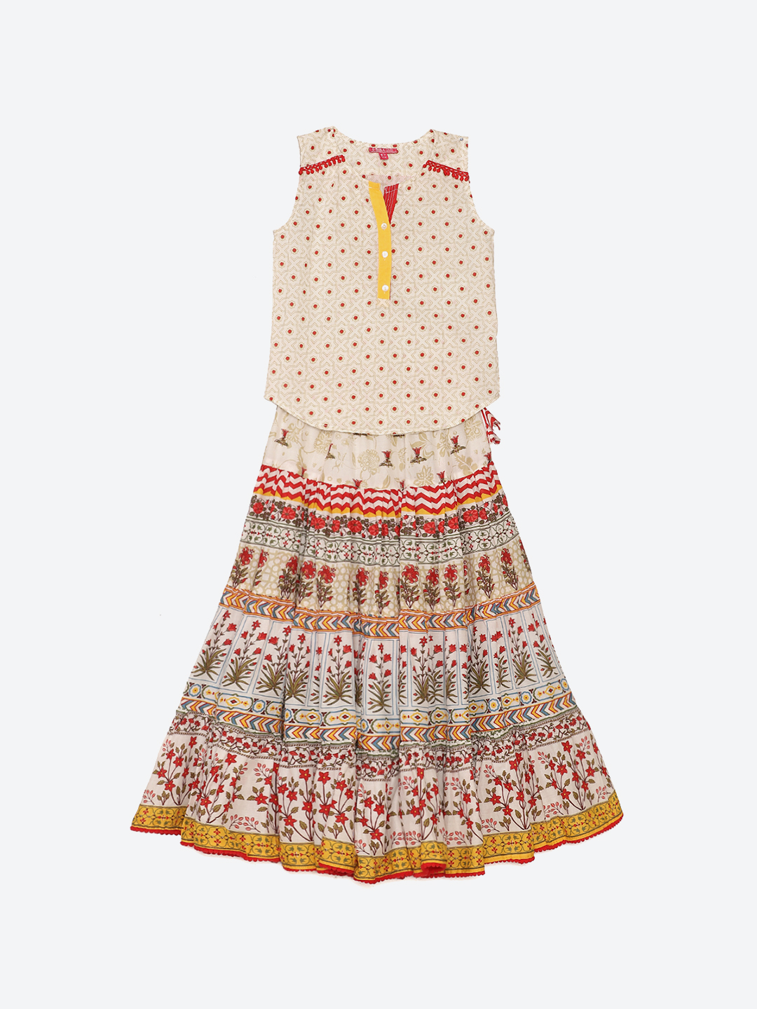 Off White Cotton Straight Kurta Skirt Suit Set image number 0