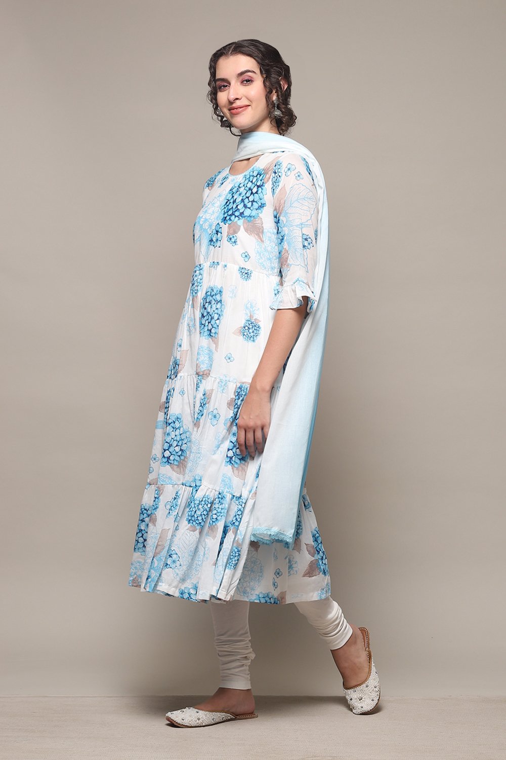 White & Blue Cotton Anarkali Kurta Churidar Suit Set image number 5