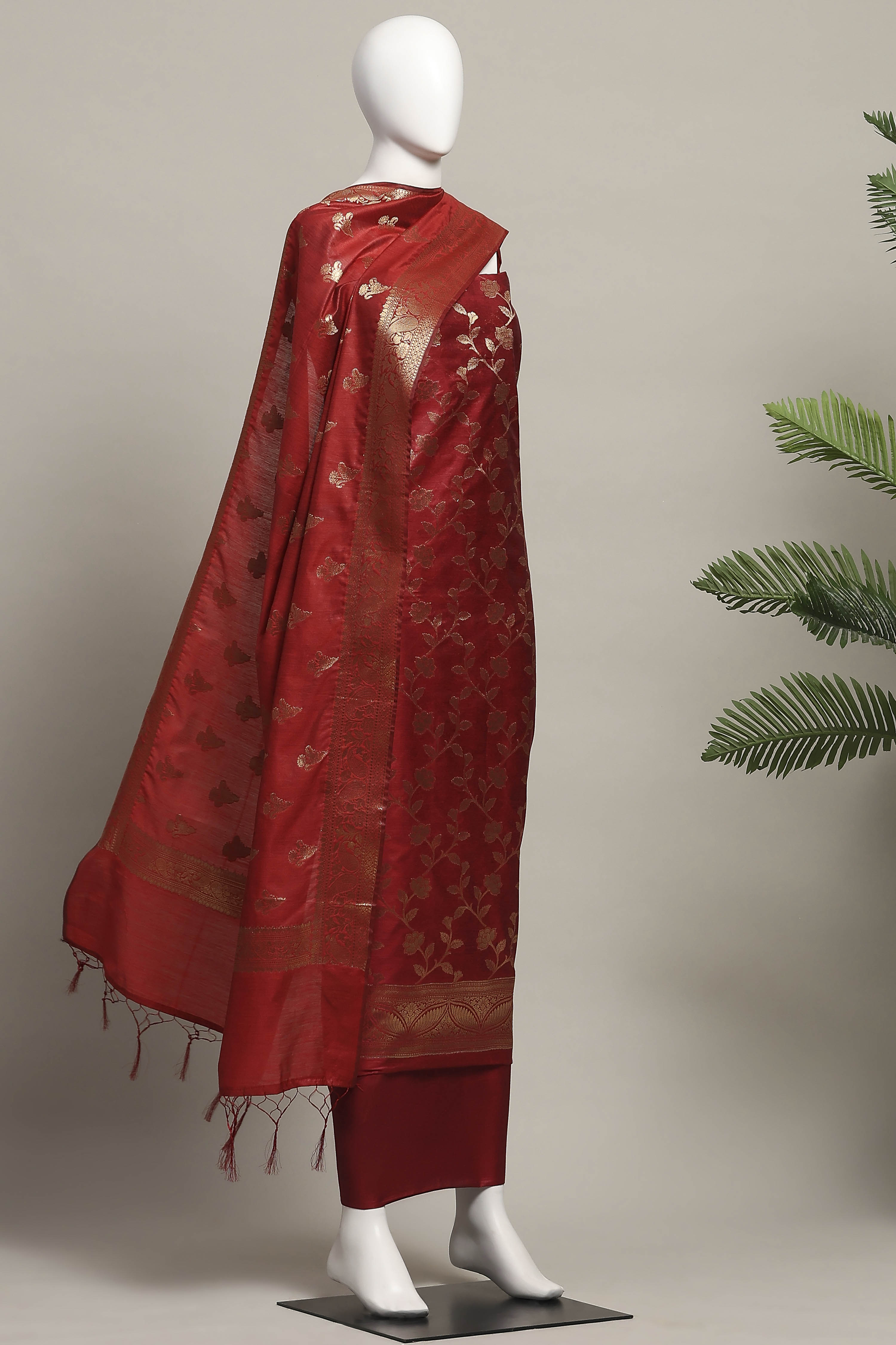 Maroon Cotton Printed Embroidered Unstitched Suit Set image number 4