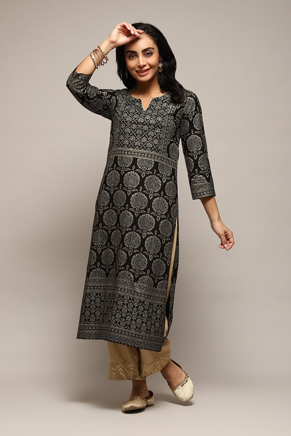 Black LIVA Straight Printed Kurta image number 0