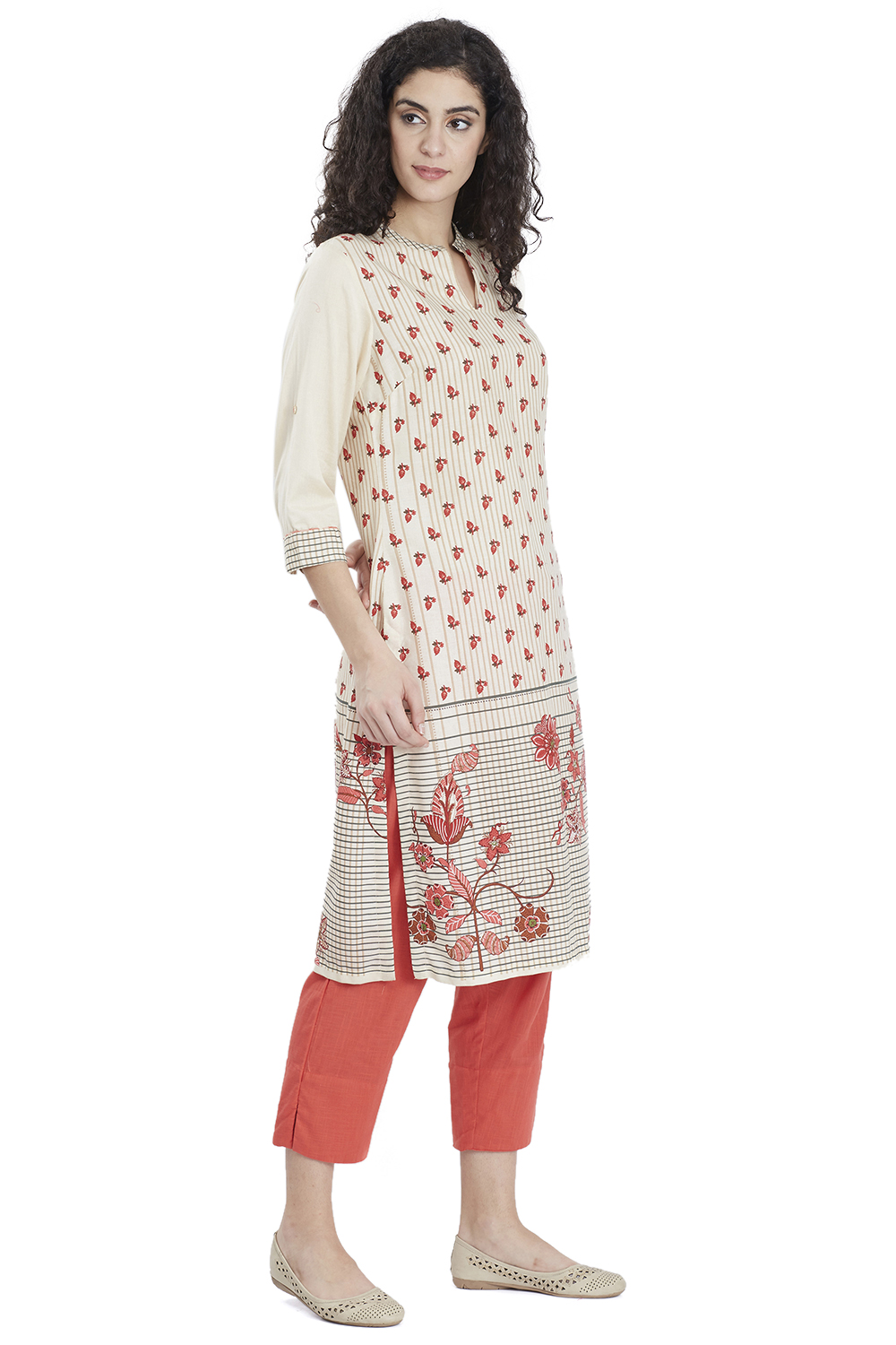 Cream Straight Rayon Printed Kurta image number 3