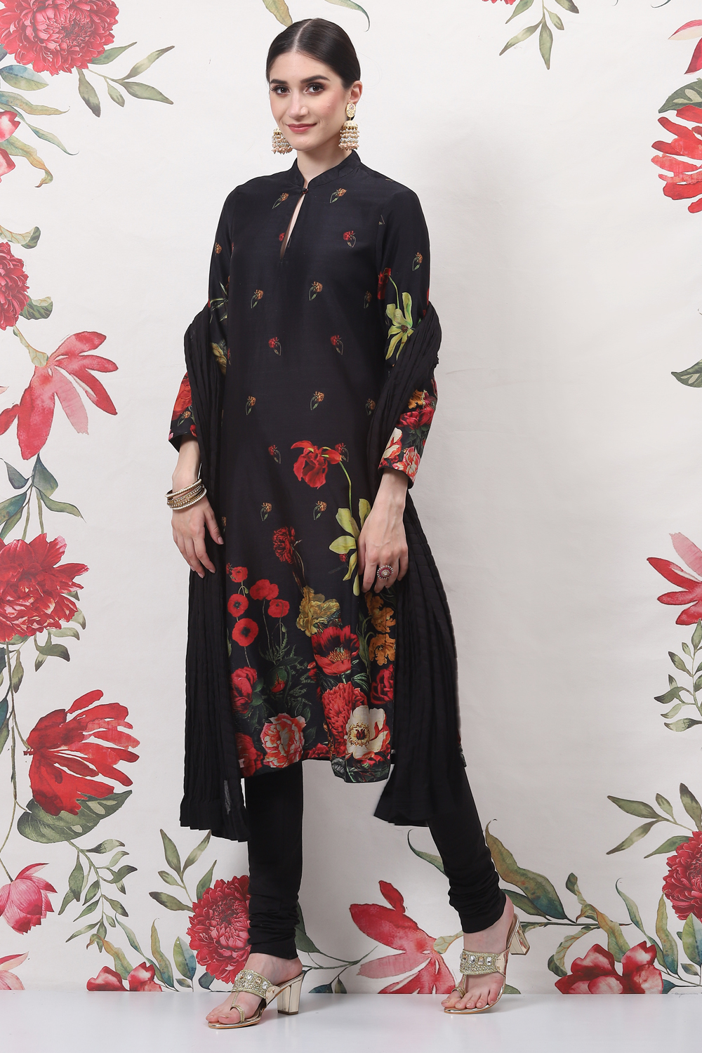 Rohit Bal Black Cotton Silk Straight Printed Suit Set image number 0