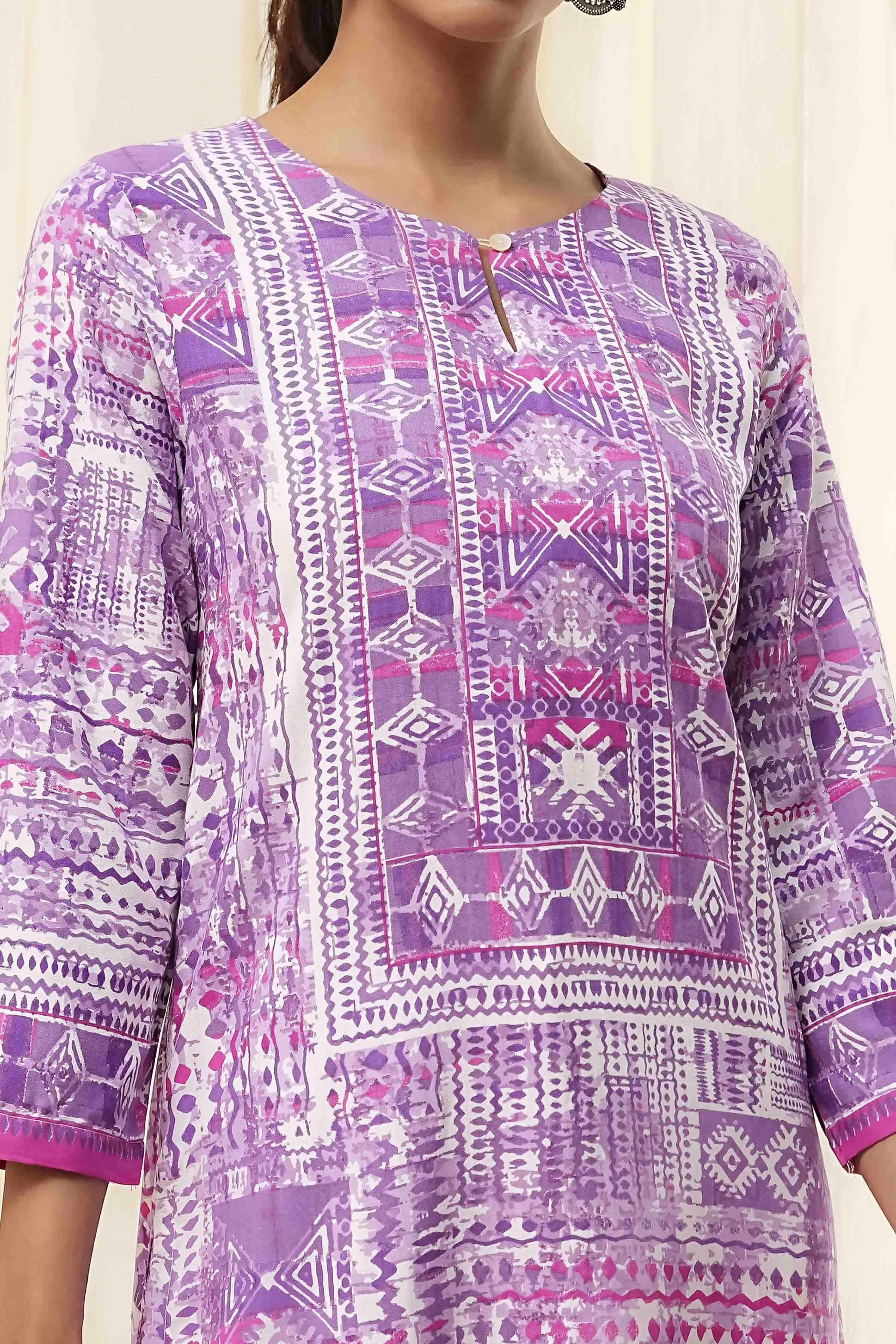 Lavender Printed Straight Kurta image number 1