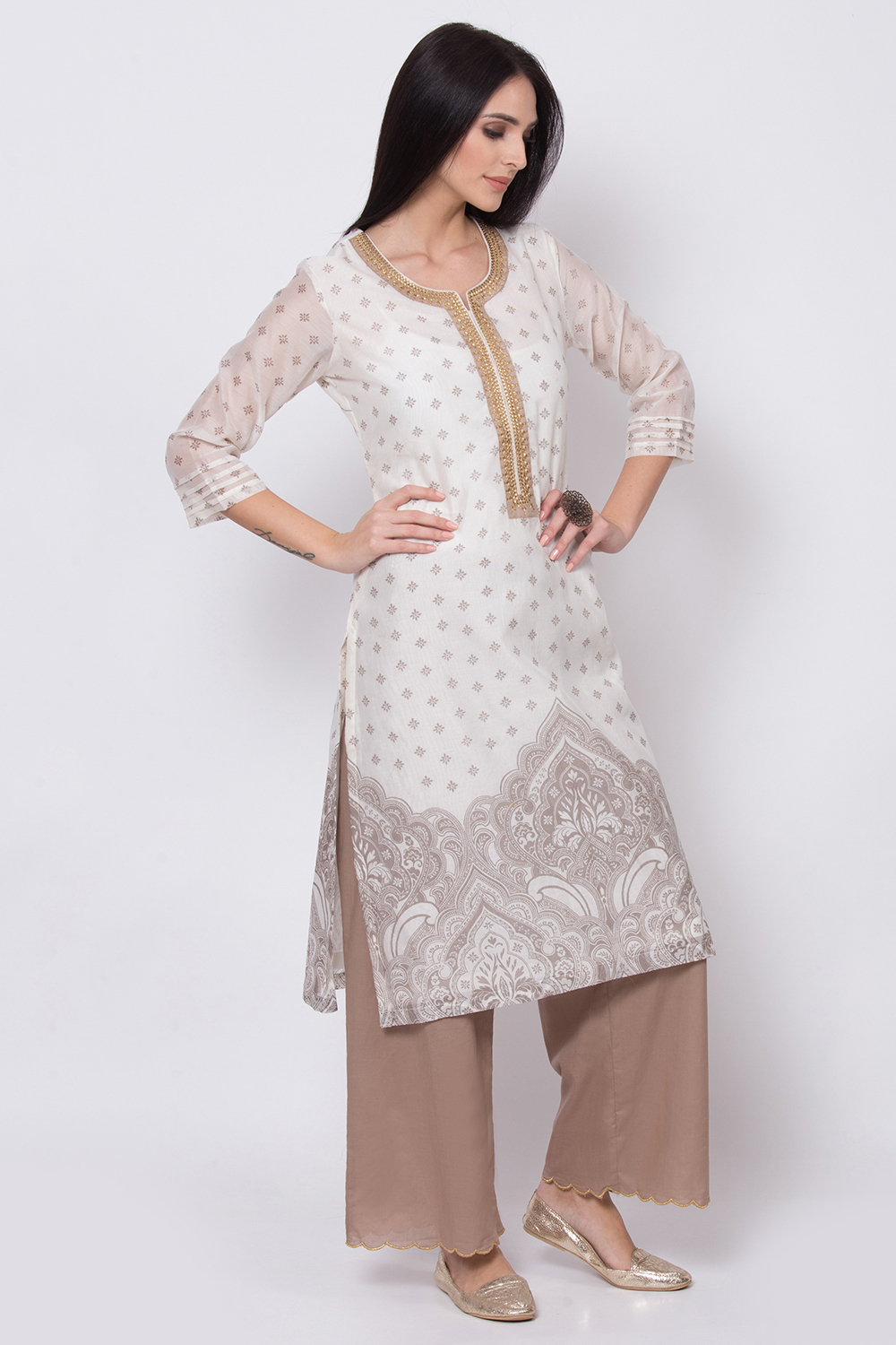 Off White Poly Cotton Straight Kurta Palazzo Suit Set image number 4