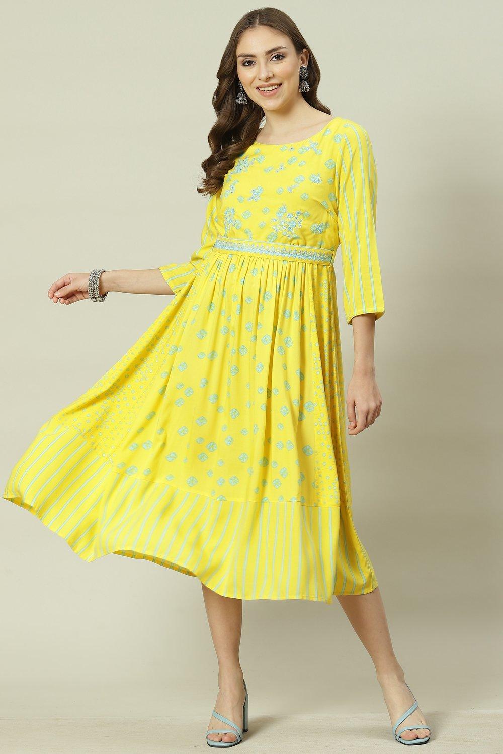 Yellow Cotton Flared Printed Kurta Dress Biba India