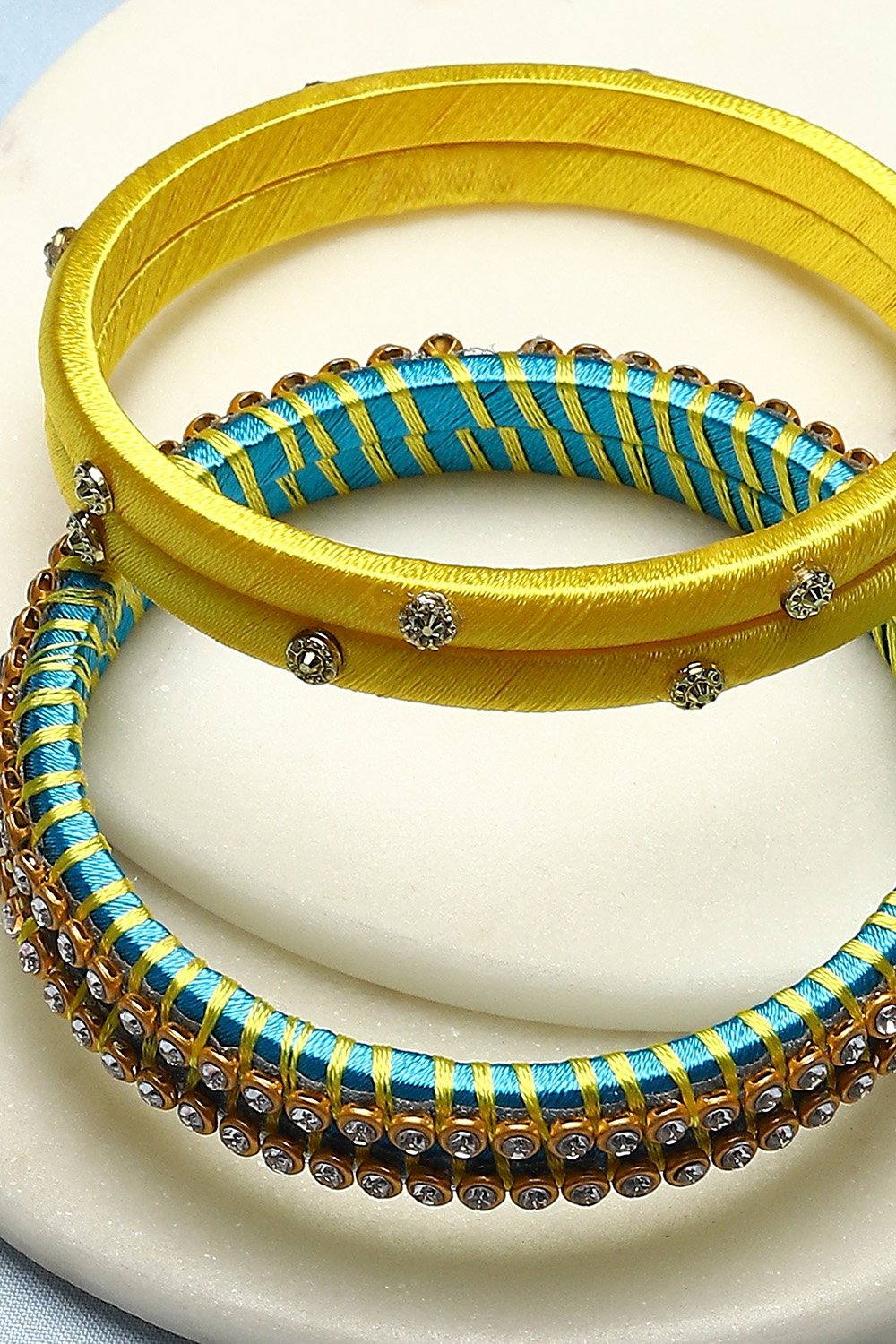 Yellow & Turquoise Plastic & Thread Bangles image number 1