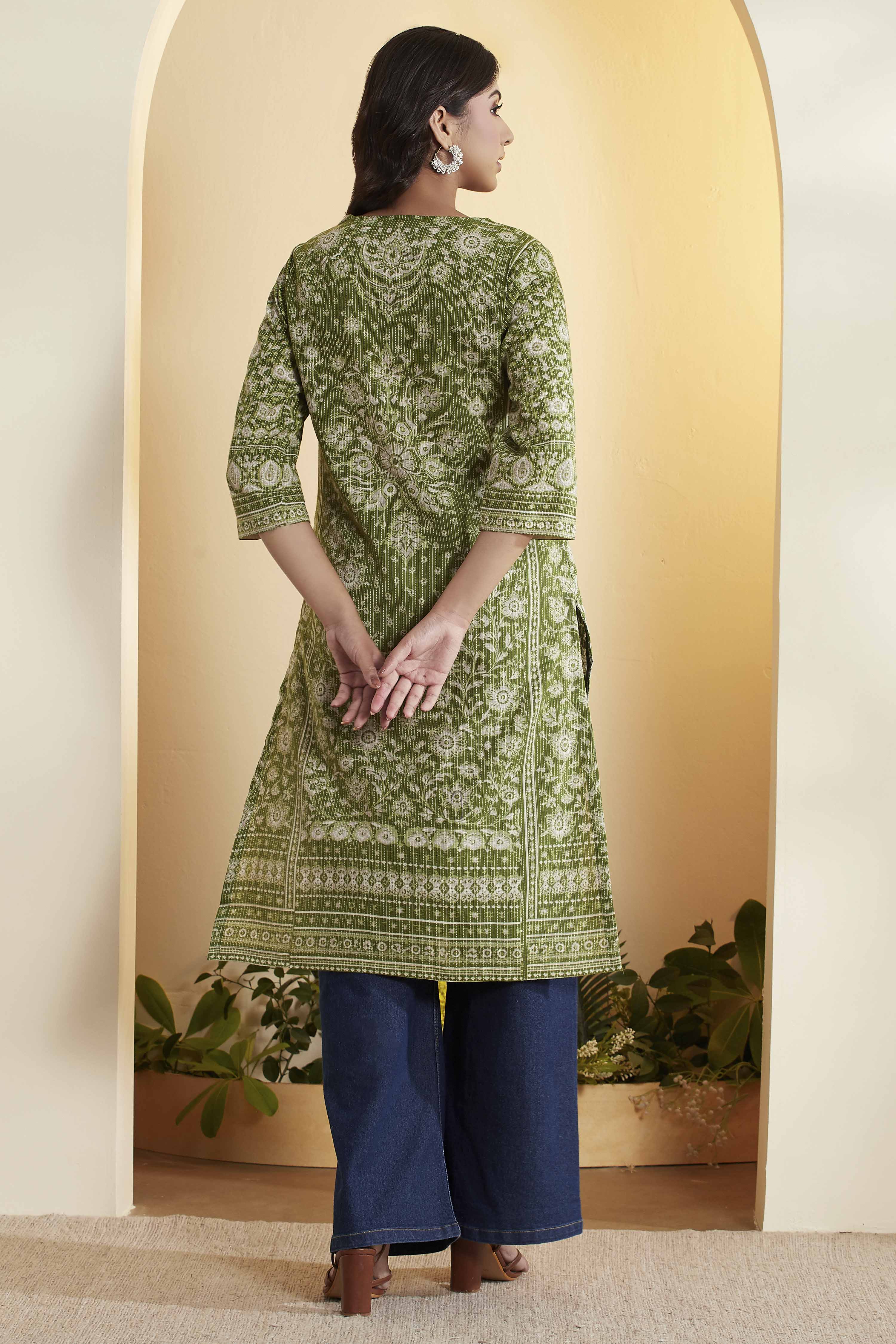 Green Cotton Straight Kurta image number 4