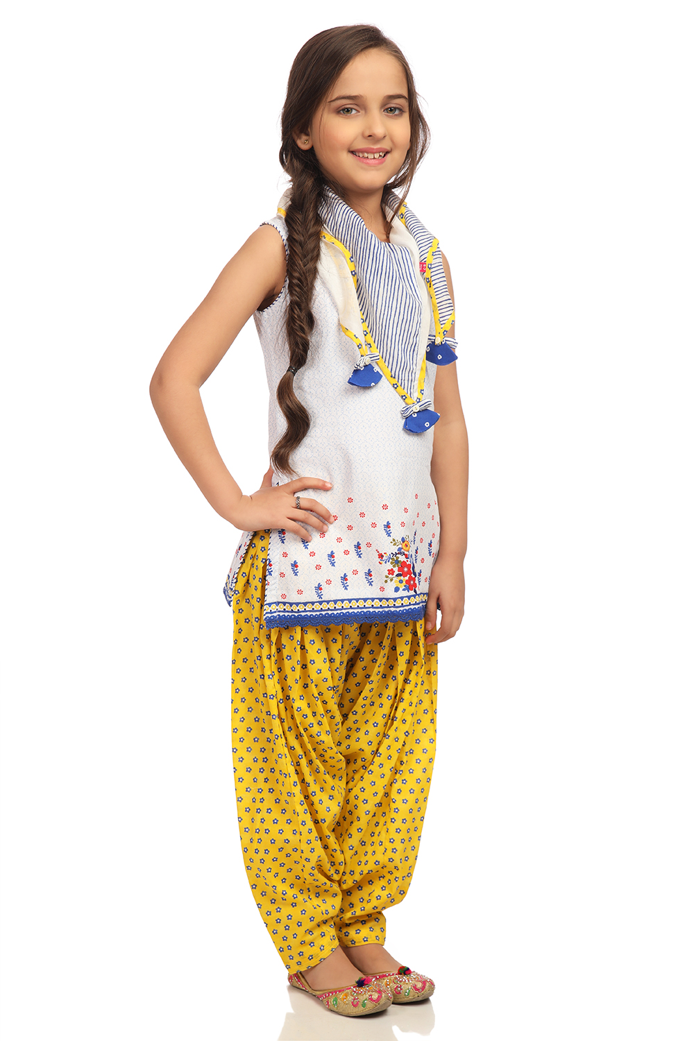 Off White And Yellow Straight Cotton Kurta Patiyala Salwar Suit Set image number 3