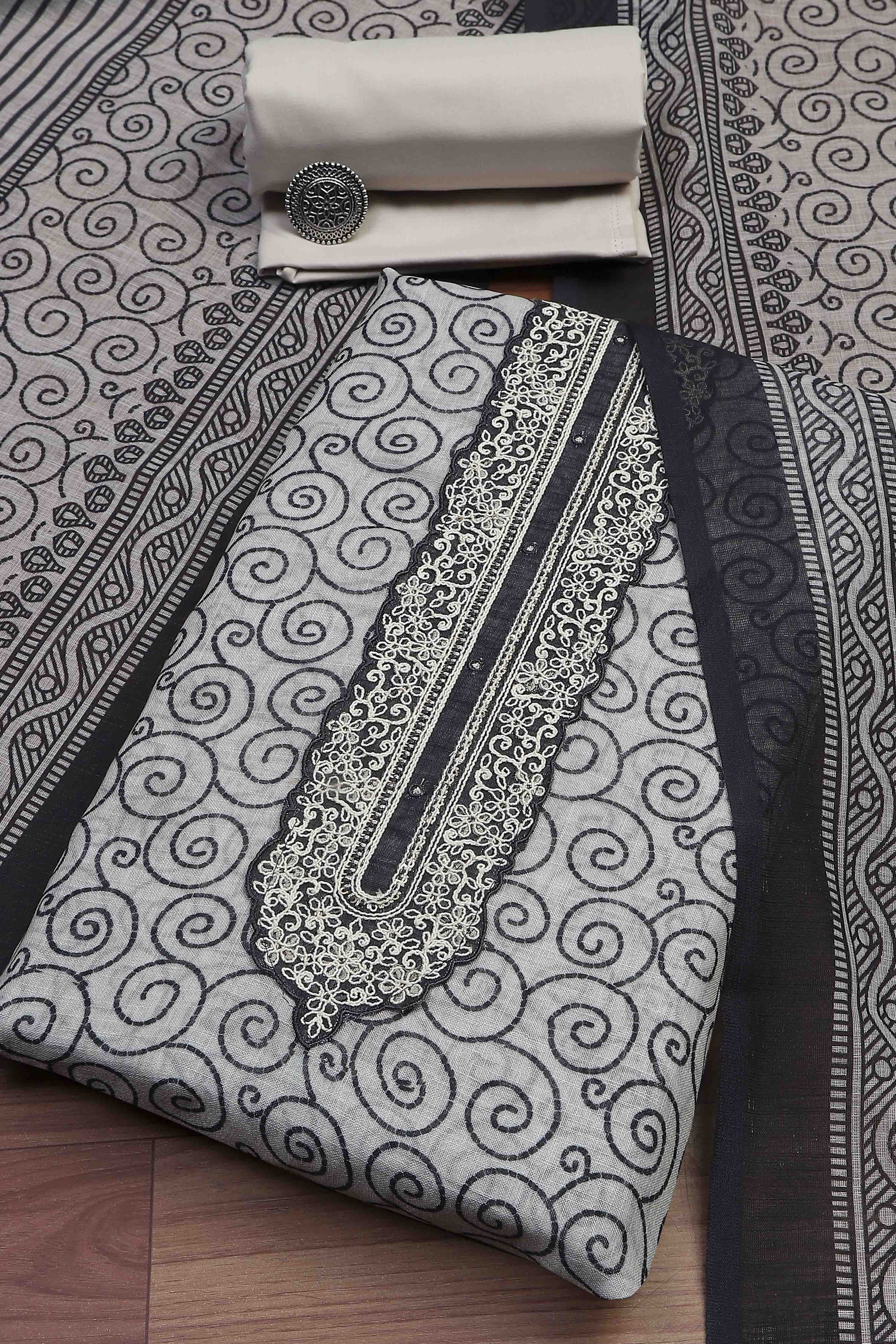 Blue Cotton Printed Embroidered Unstitched Suit Set image number 0