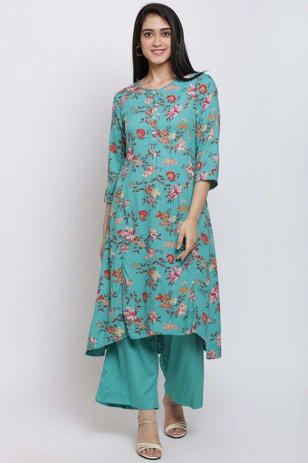 Turquoise Straight Kurta Palazzo Suit Set image number 0