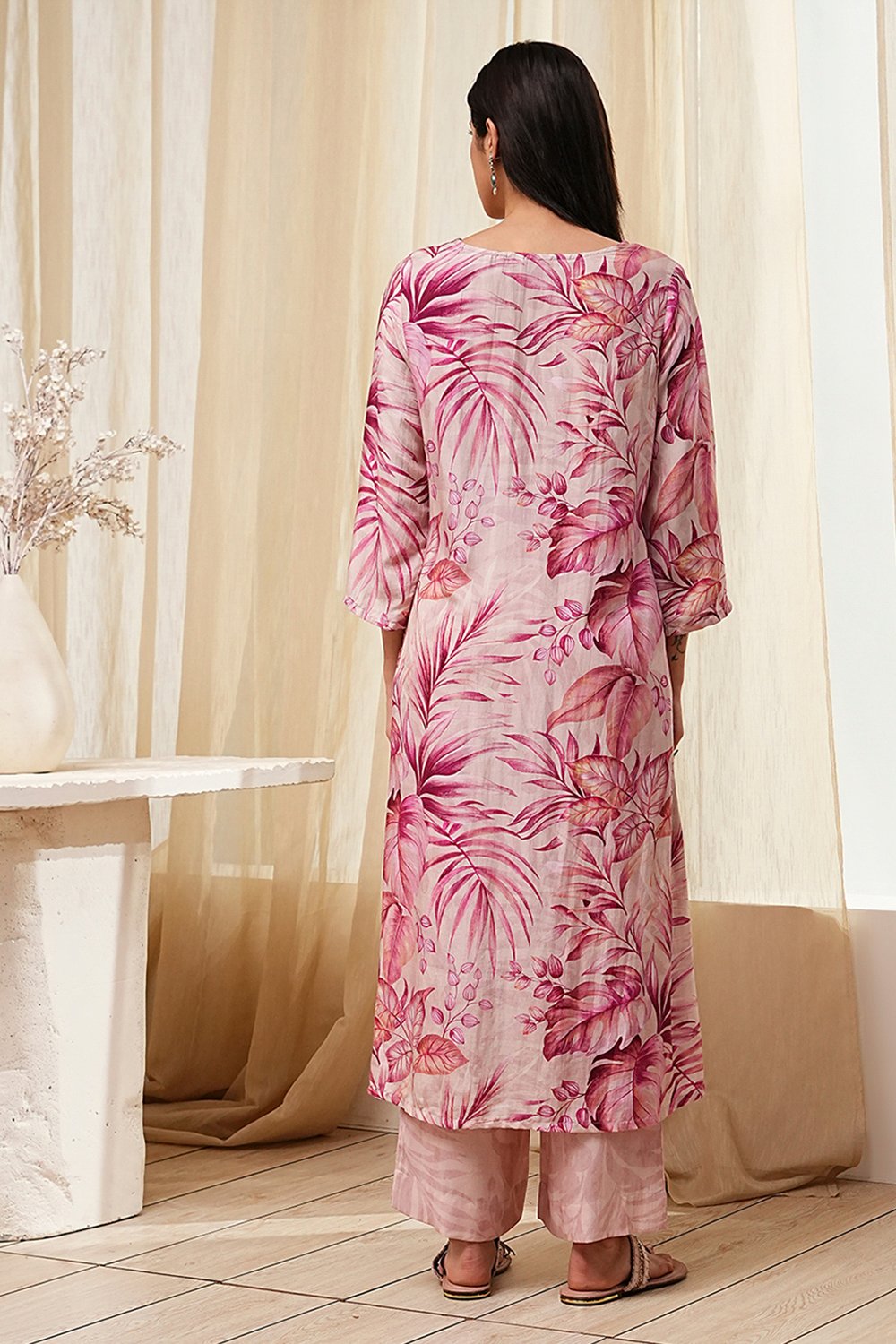 Pink Modal Floral Printed Straight Kurta Set image number 4
