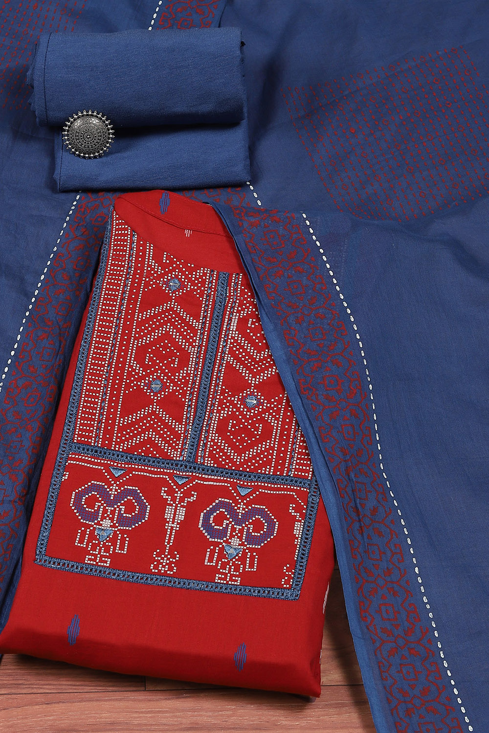 Red Cotton Hand Block Print Unstitched Suit Set image number 0