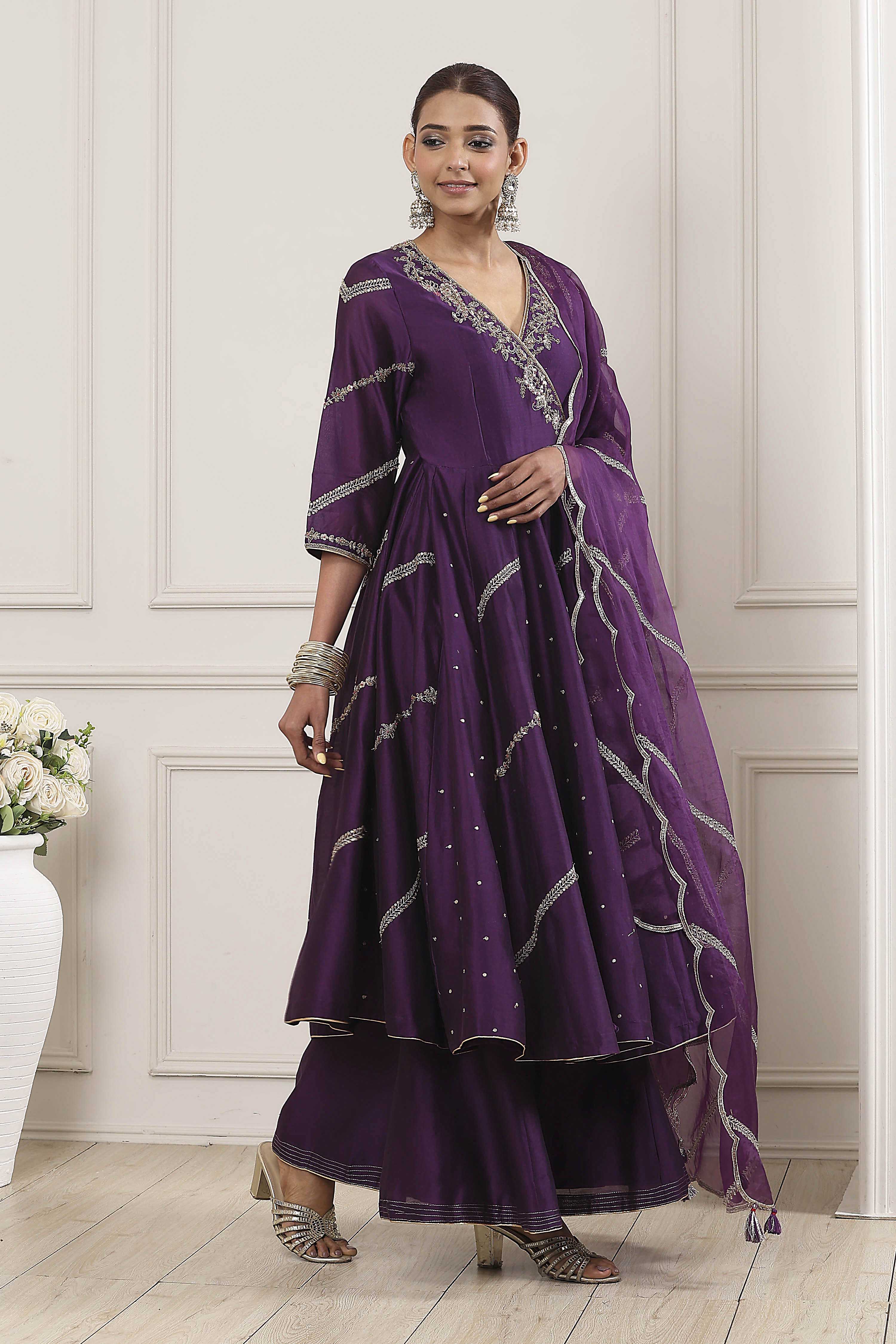 Purple Chanderi Silk Gota Embroidered Anarkali Suit Set image number 5