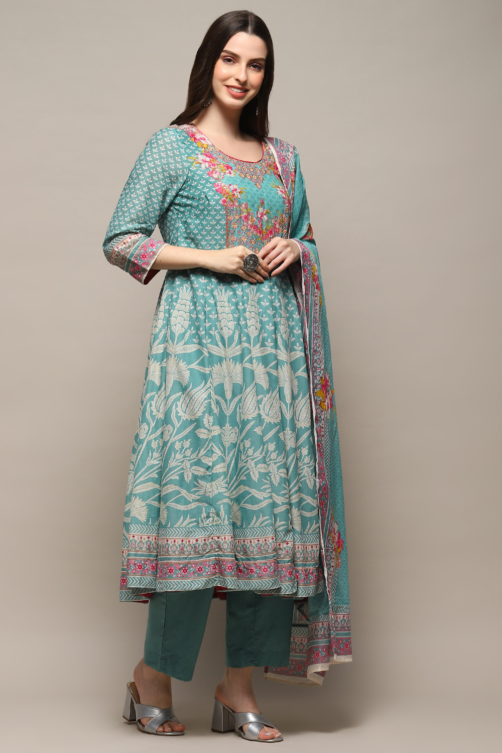 Marina Supima Cotton Green Anarkali Kurta Set