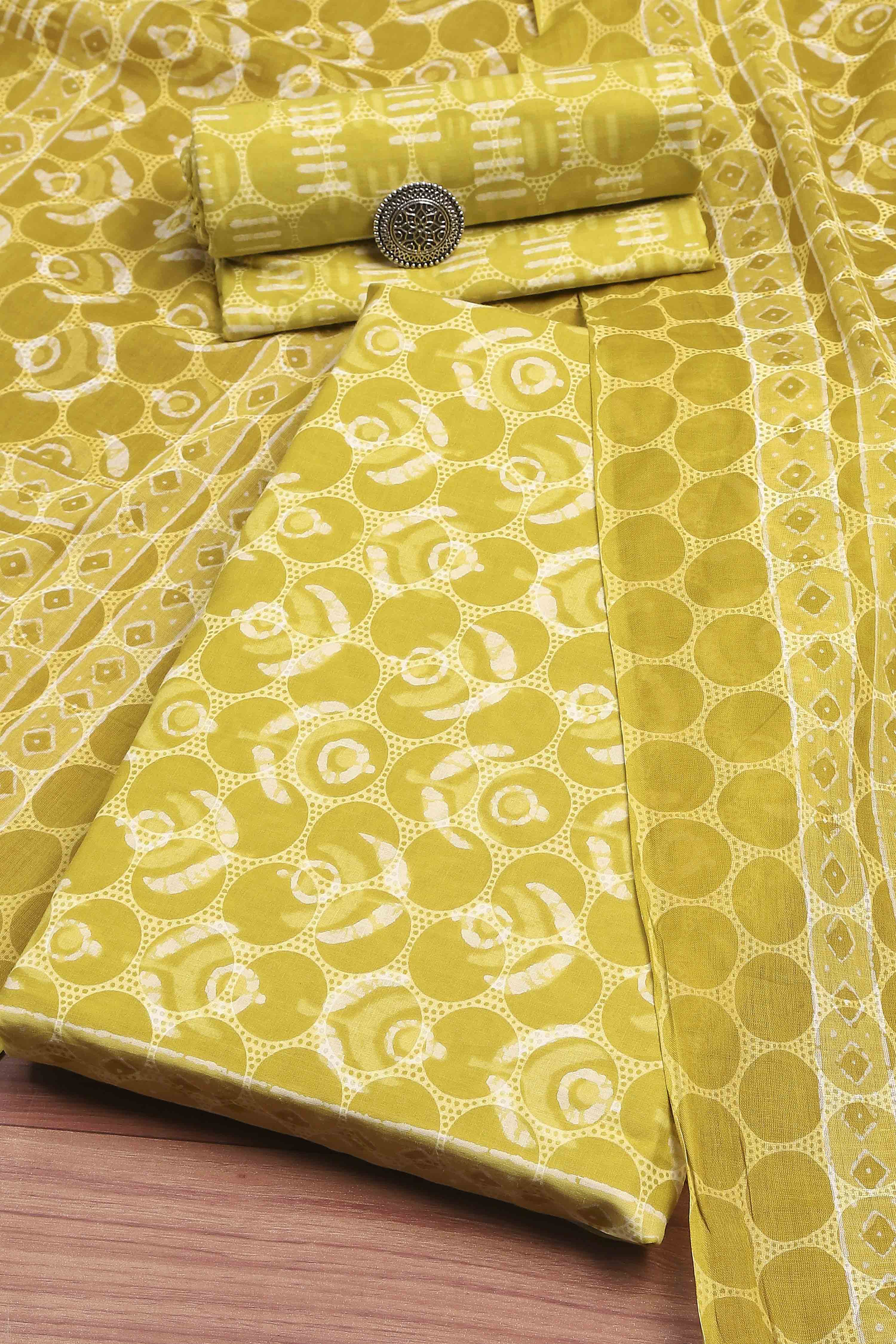 Lime Green Cotton Screen Print Unstitched Suit Set image number 0