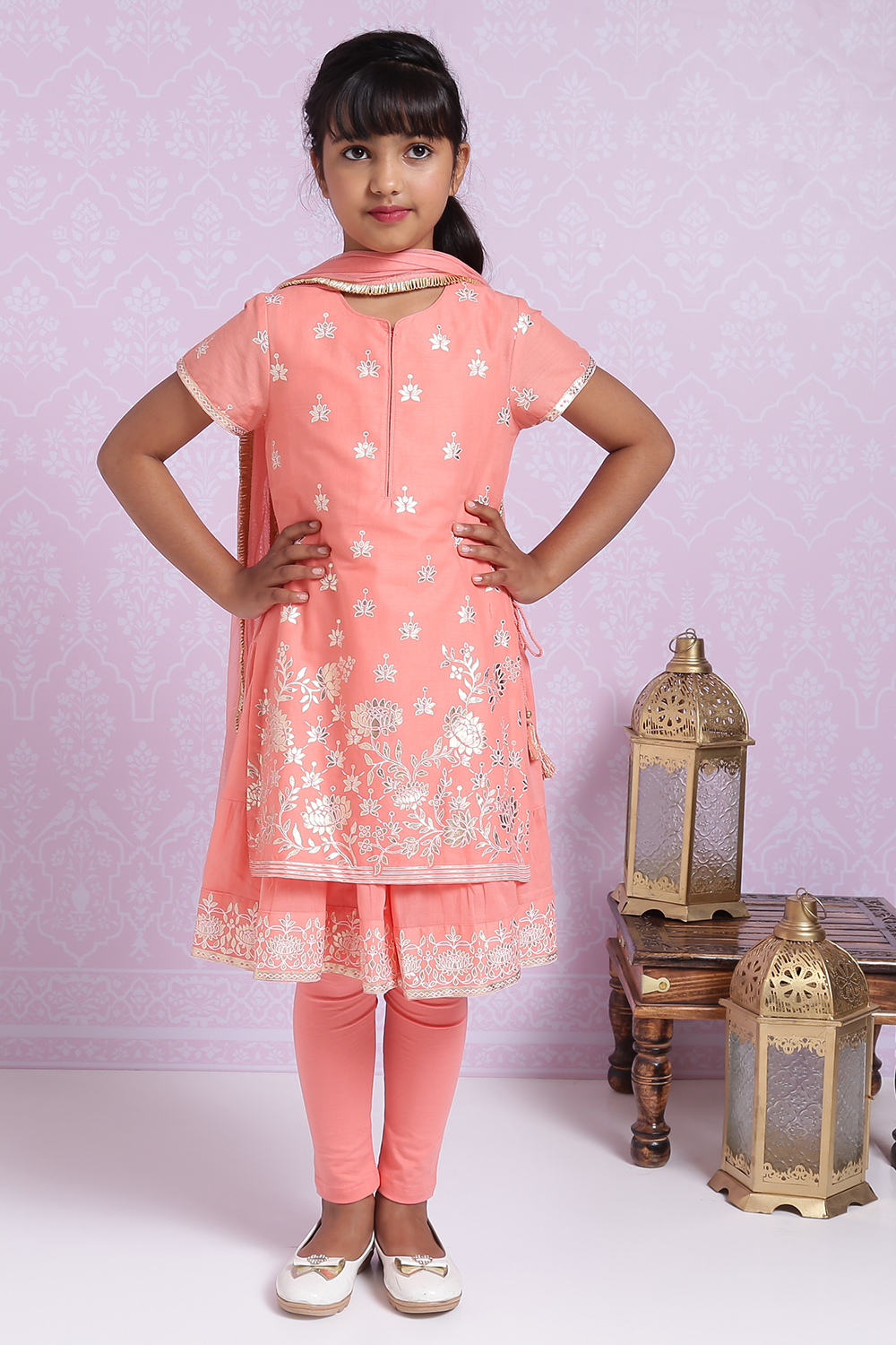 Peach Cotton Double Layered Kurta Churidar Suit Set image number 0