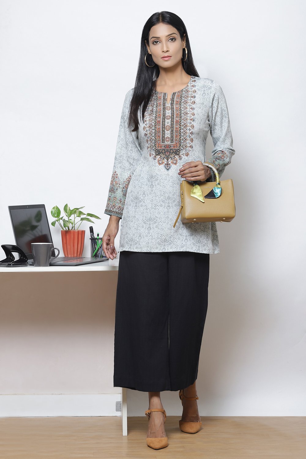 Grey Straight Art Silk Short Printed Kurti image number 0