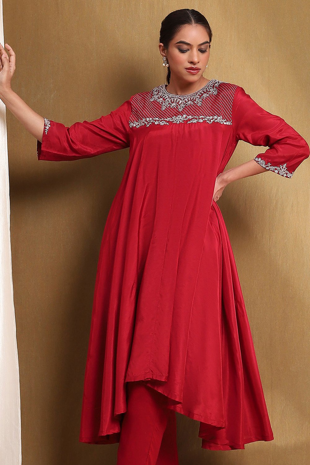Red Modal Embroidered A-Line Kurta Set image number 1