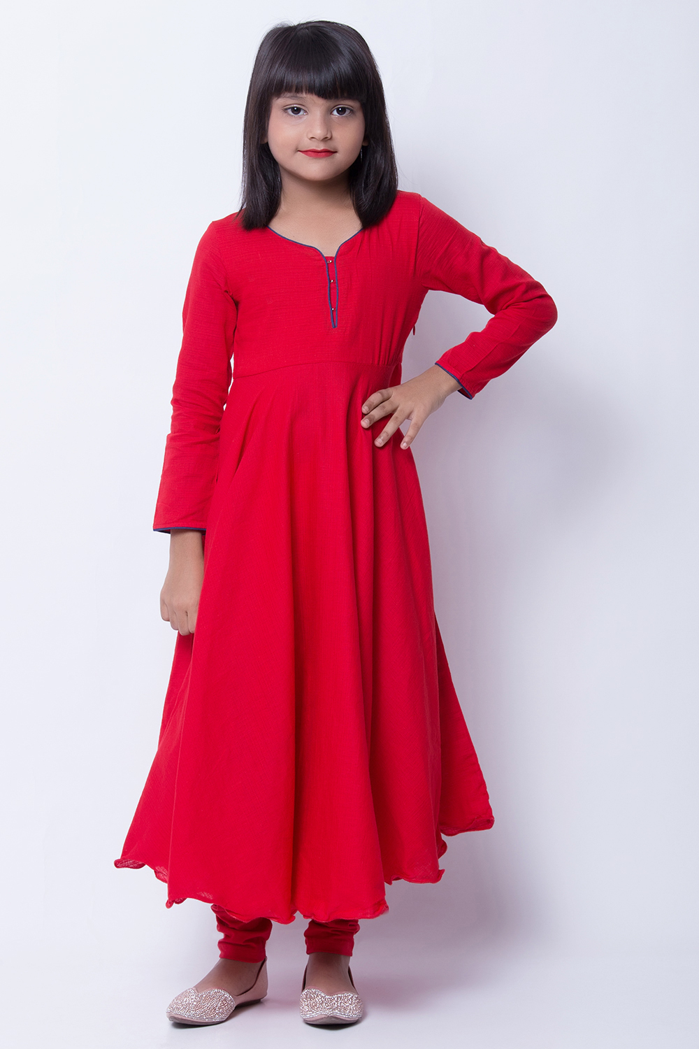 Red Cotton Anarkali Kurta Churidar Suit Set image number 4