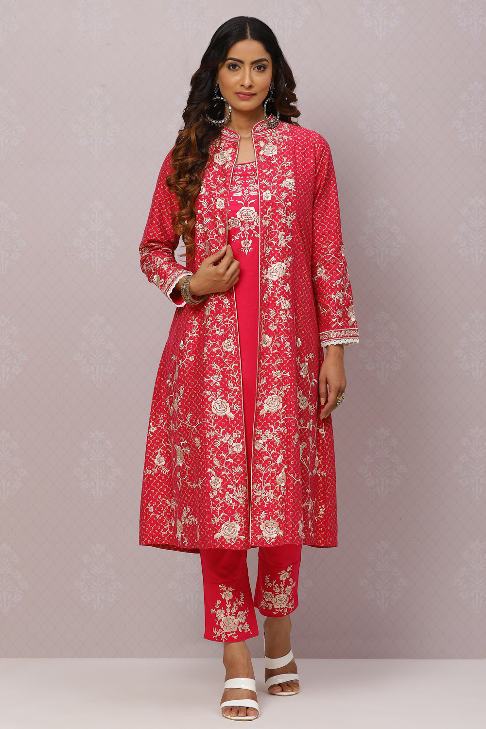 Pink Poly Viscose Straight Kurta Slim Pants Suit Set image number 0