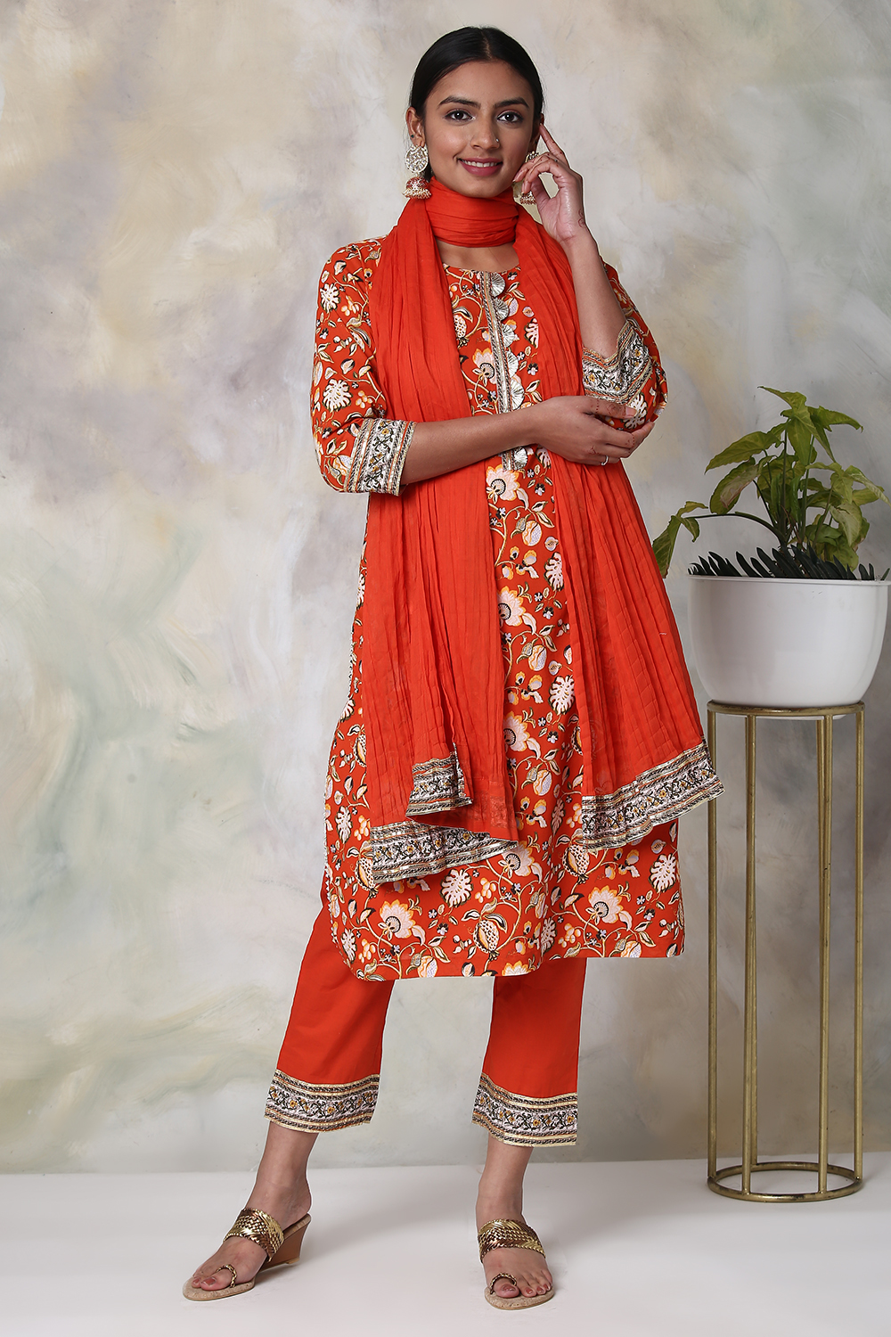 Saffron Cotton Straight Kurta Palazzo Suit Set image number 4