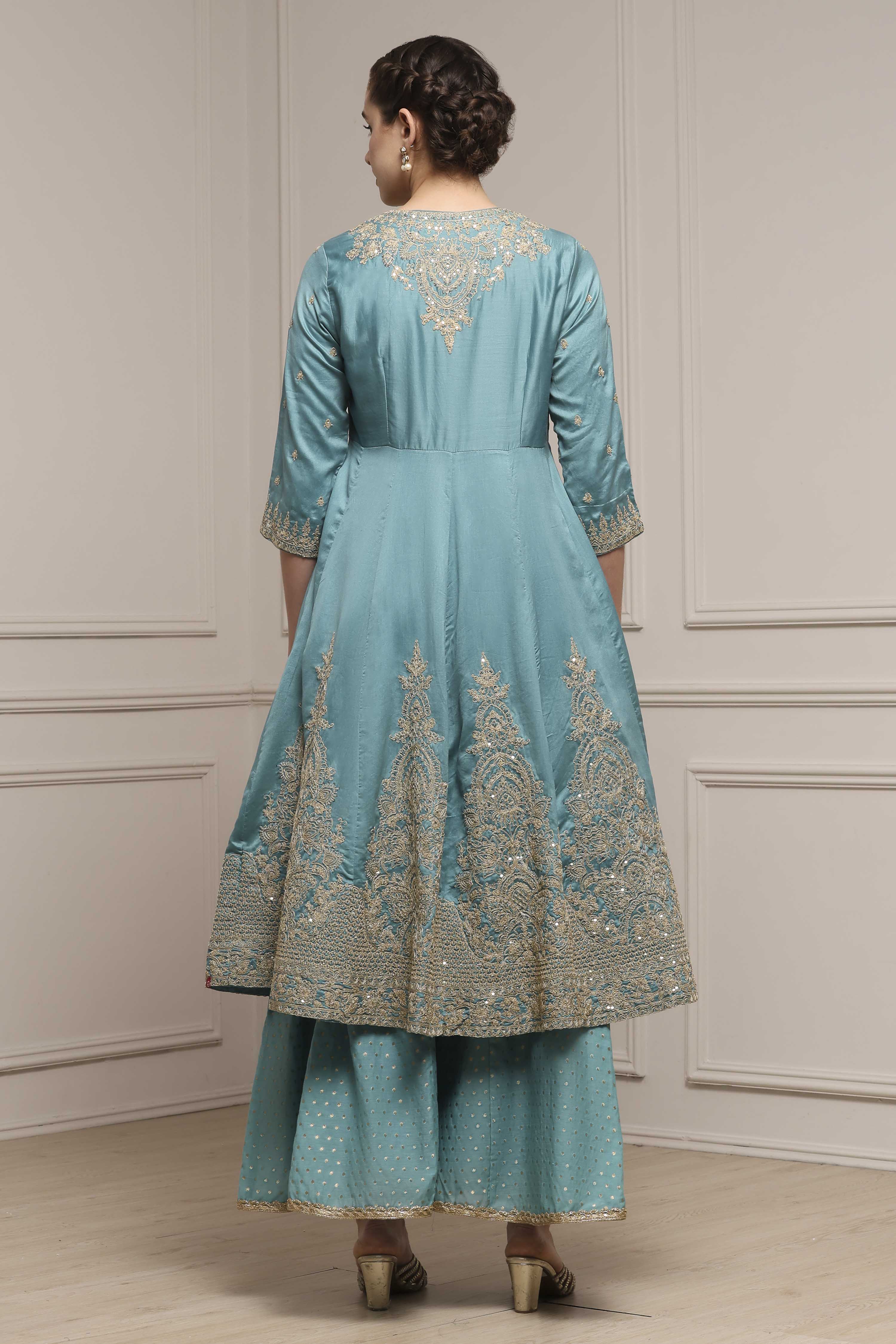 Blue Silk Chanderi Anarkali Suit Set image number 4