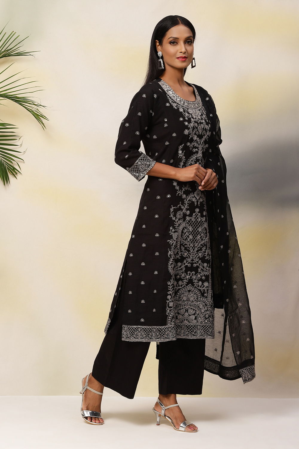 Black Art Silk Straight Kurta Palazzo Suit Set image number 6