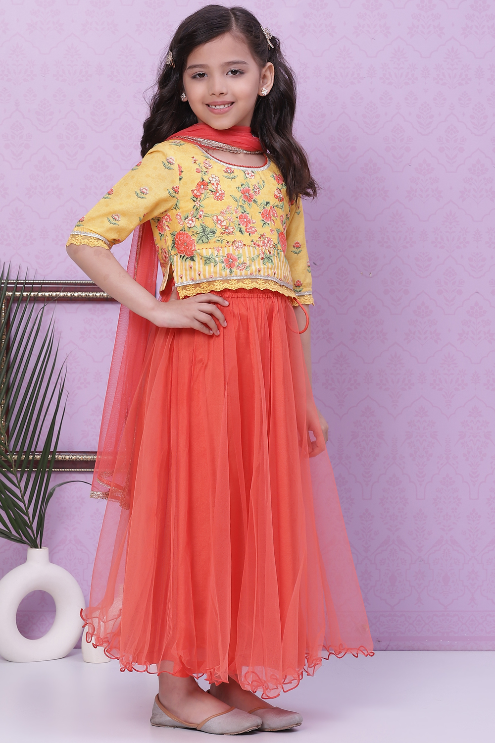 Yellow Orange Cotton Lycra Lehenga Set image number 6