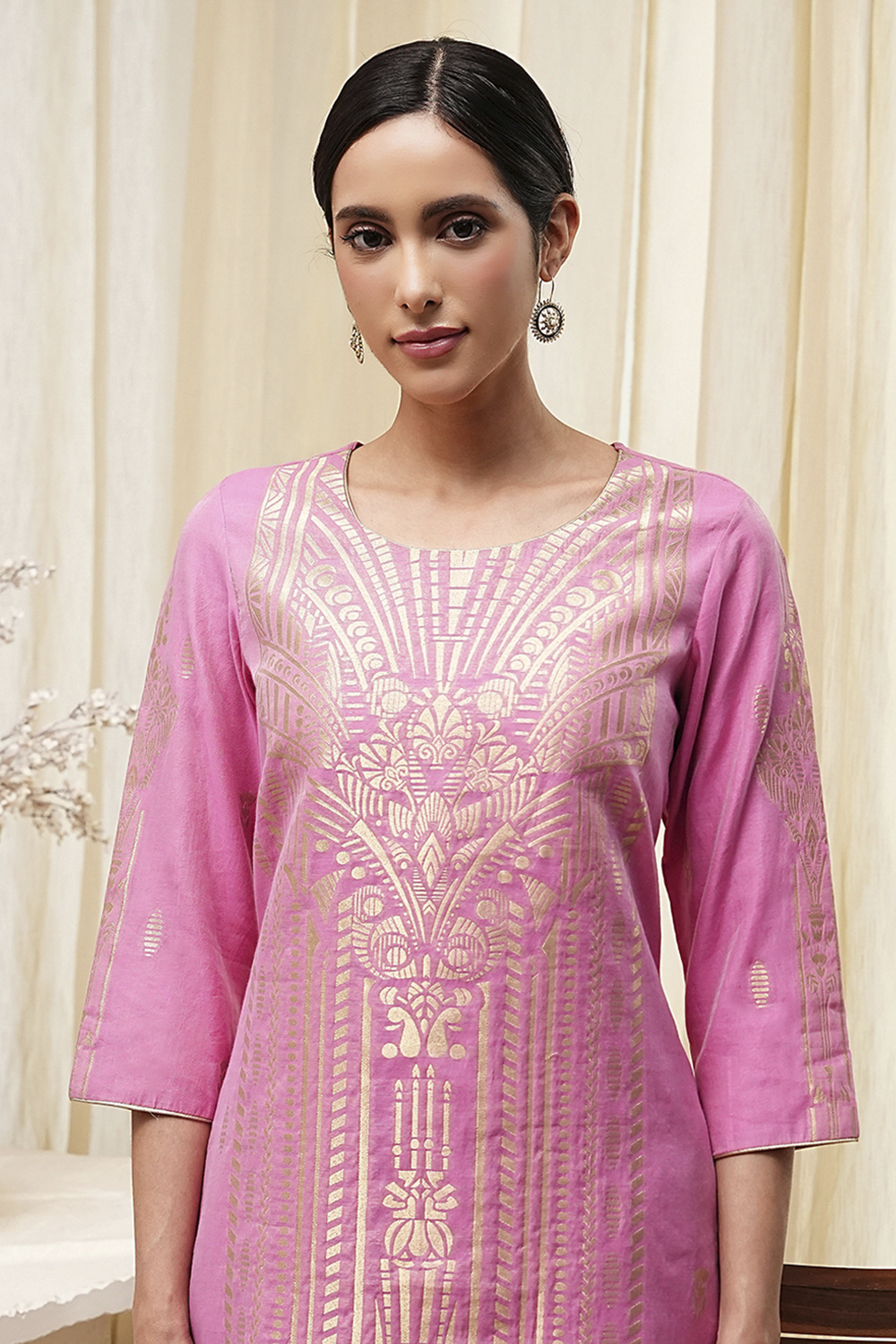 Pink Poly Cotton Straight Yarndyed Kurta image number 1